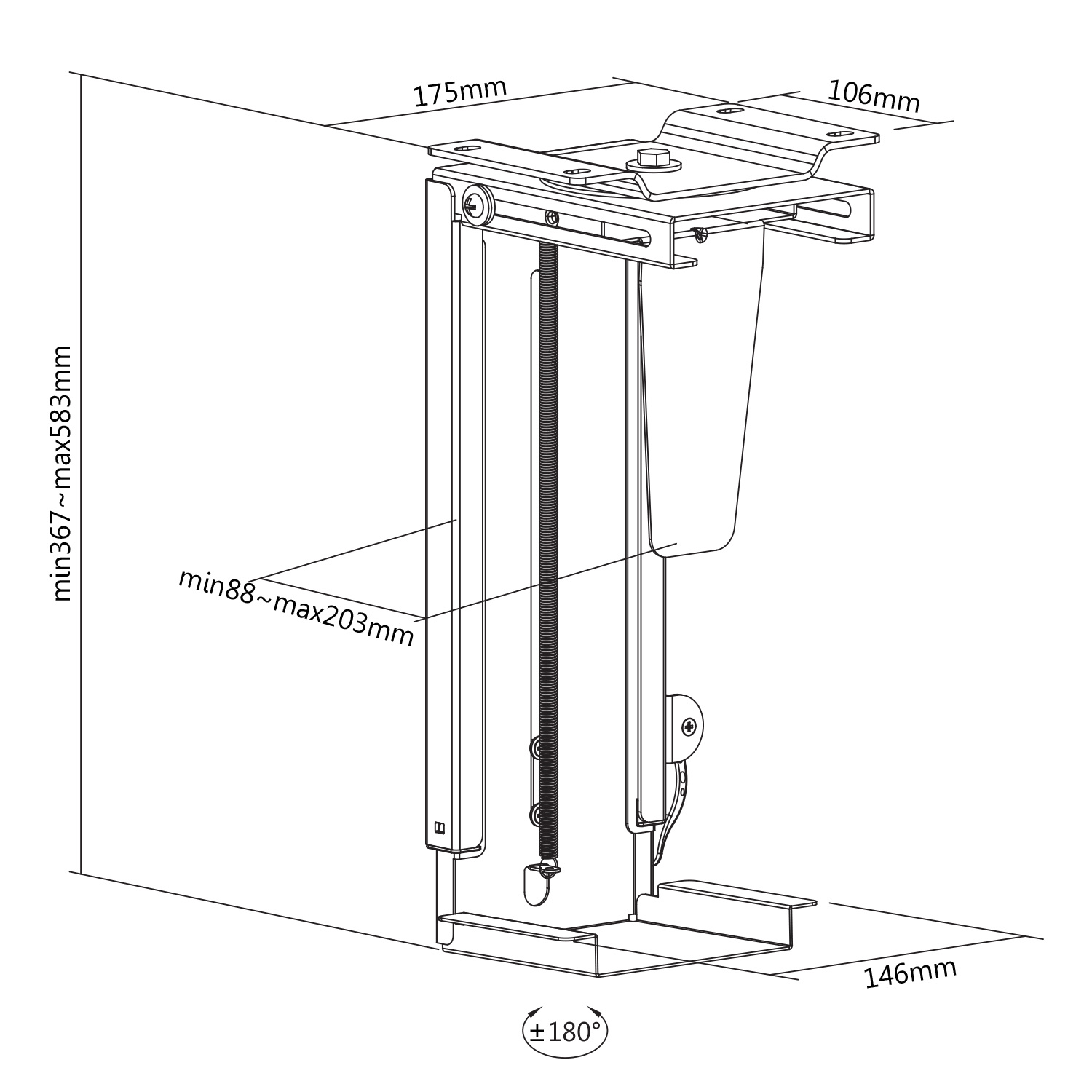 Dibujo lineal de un soporte, con dimensiones, para montaje en el techo.
