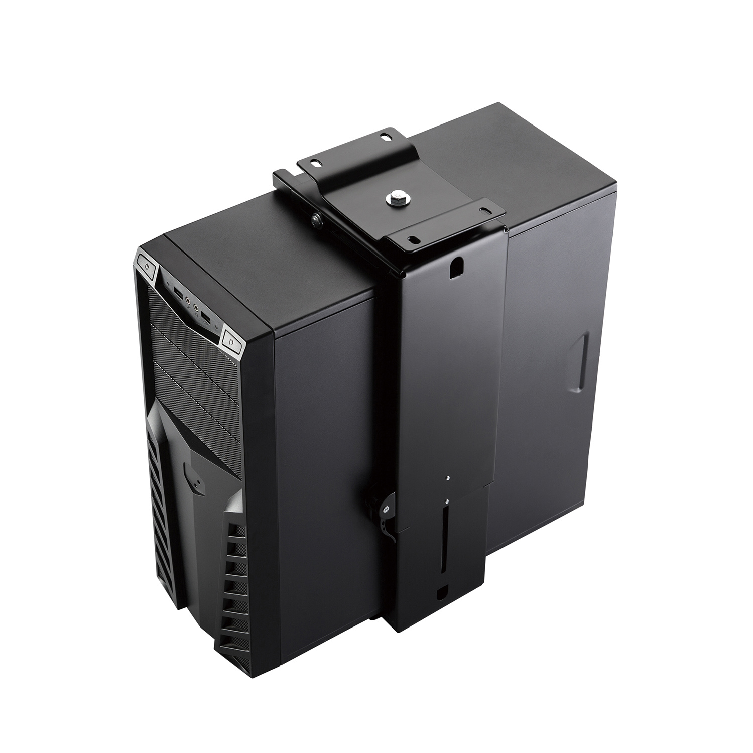 Una caja de computadora negra con un soporte de montaje adjunto al lado. El soporte sostiene otra caja negra.