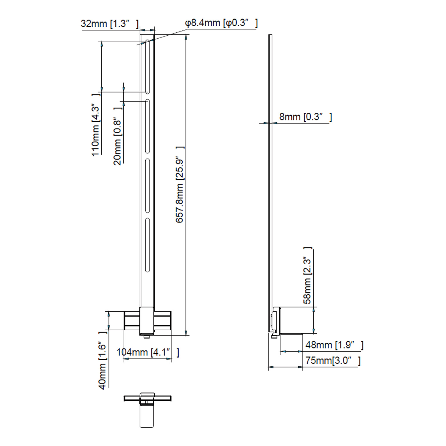 Dibujo técnico de una estructura metálica con dimensiones y etiquetas en negro.