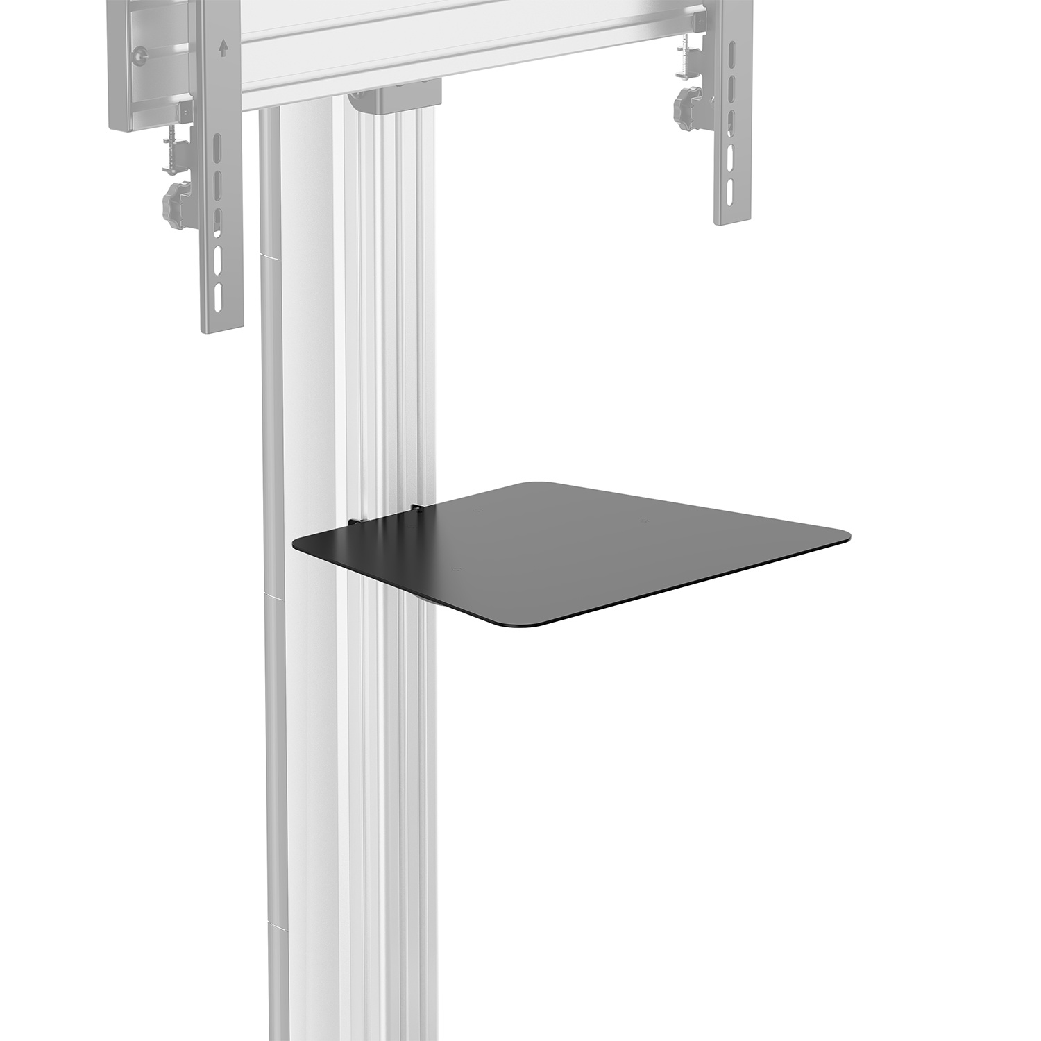Estante negro fijado a un poste metálico con un soporte de TV encima.