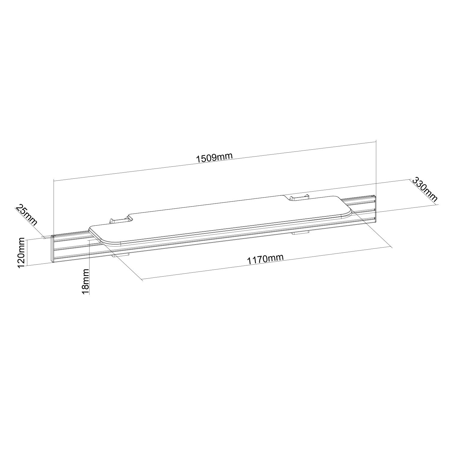 Un objeto con dimensiones etiquetadas. Es un objeto largo y plano con medidas: 1509 mm, 330 mm, 120 mm, 25 mm, 1170 mm y 18 mm.