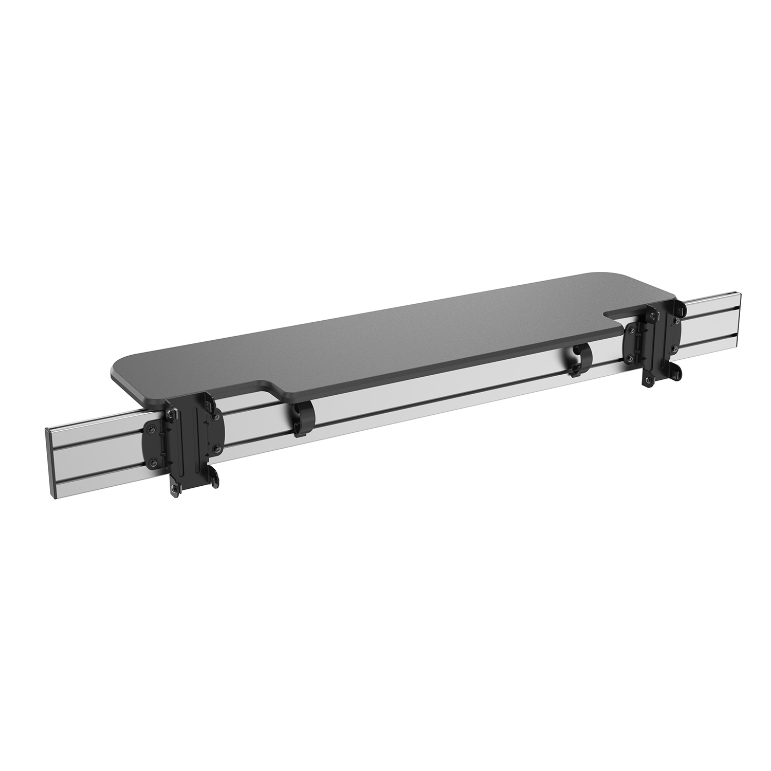 Una estantería gris y negra con soportes de montaje, sobre fondo blanco.