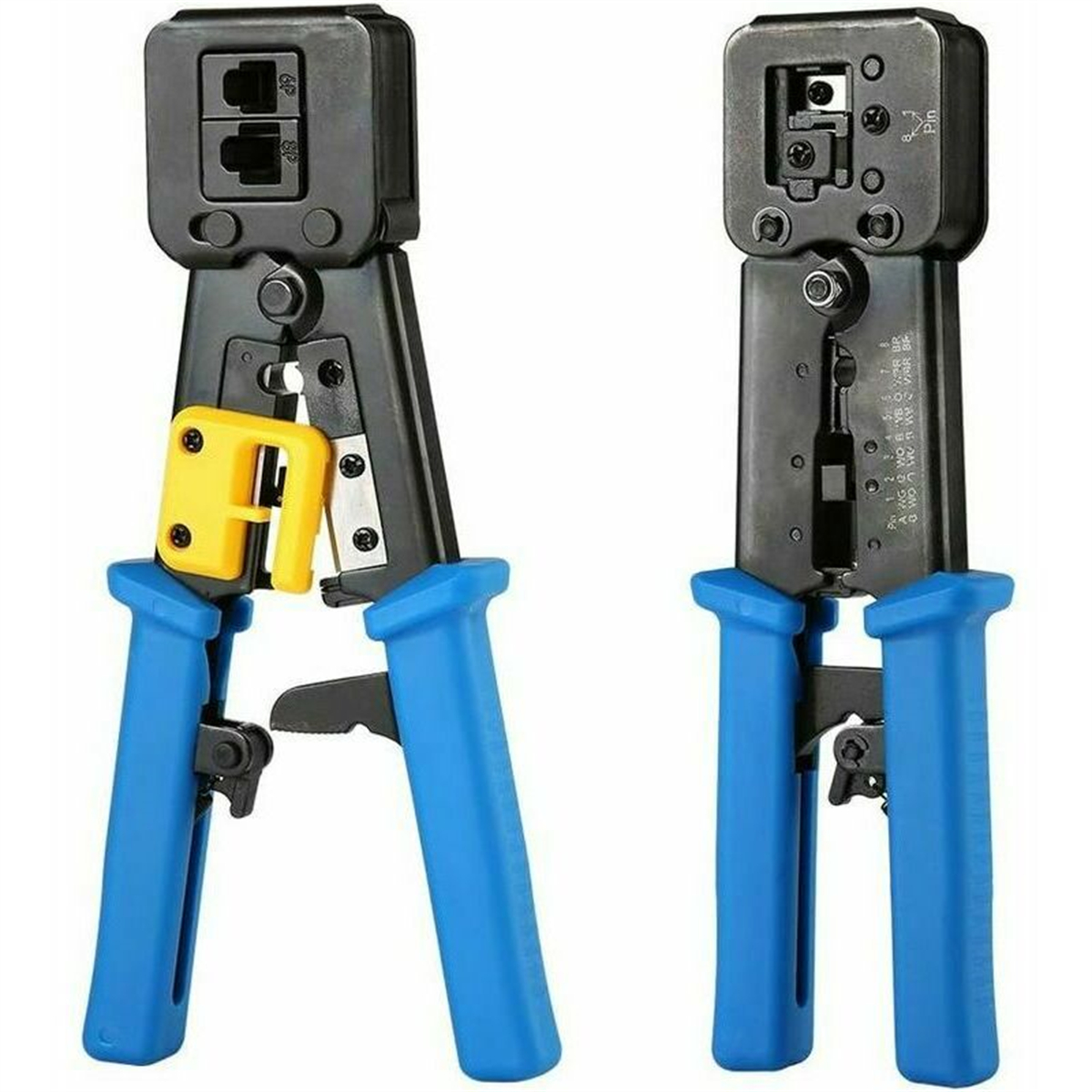 Zwei Crimpzangen nebeneinander. Sie sind blau und schwarz mit gelben Akzenten.