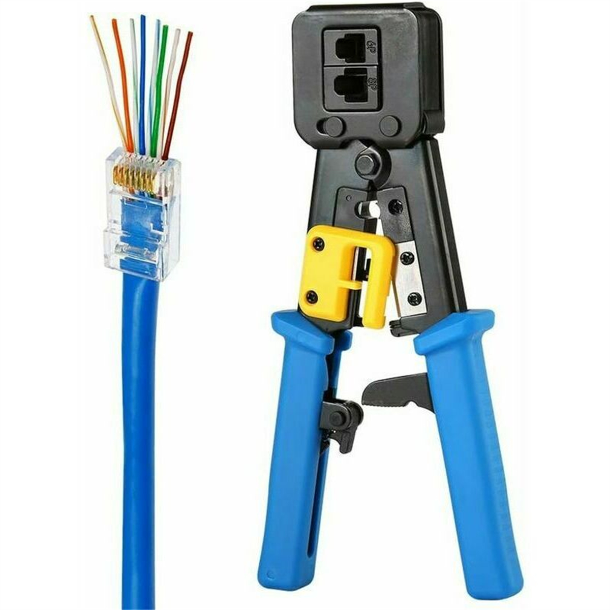 Netzwerkkabel mit Stecker und Crimpzange, blaues Kabel.