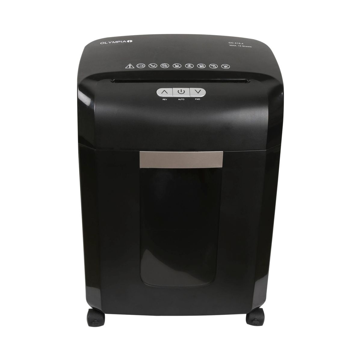 Czarna niszczarka do papieru. Przyciski są widoczne. Koła na dole. Białe tło.