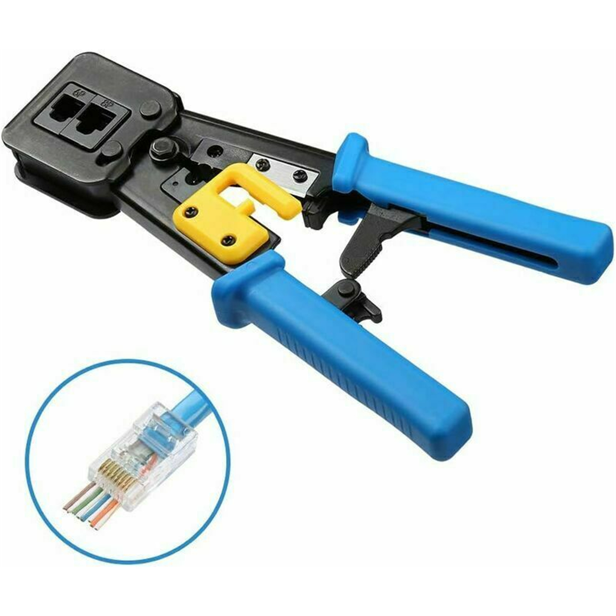 Crimpzange mit blauen Griffen und gelbem Hebel. Ein transparenter RJ45-Stecker ist im Bild.