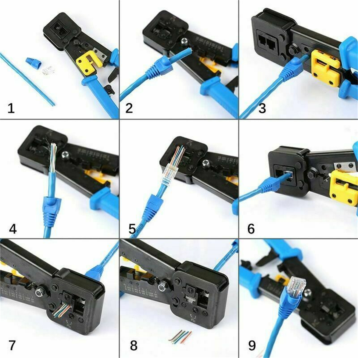 Eine Sequenz von 9 Bildern zeigt die Schritte zum Crimpen eines Ethernet-Kabels mit einem Crimpwerkzeug.