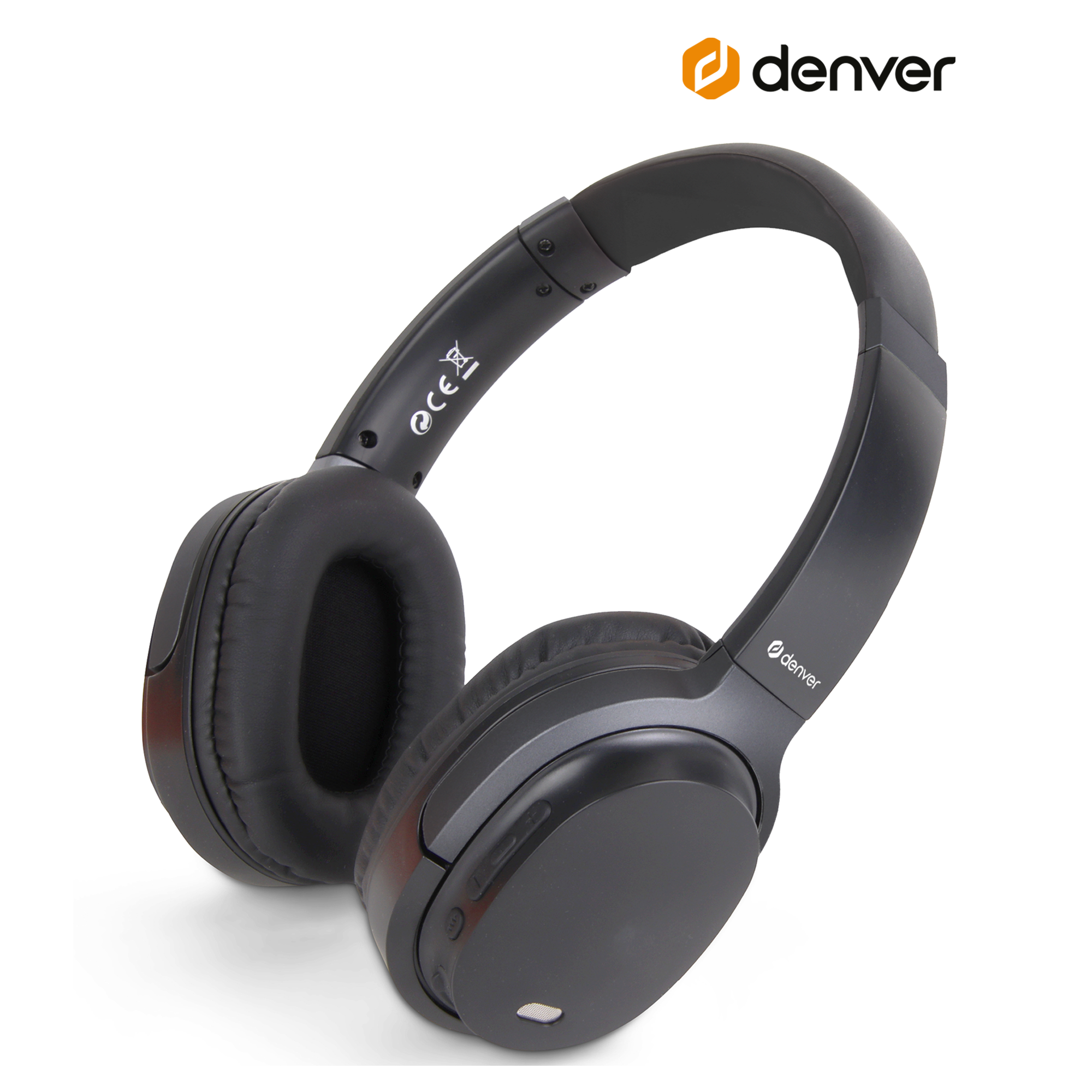 Czarne słuchawki z nazwą marki 'denver' z boku. Ma czarny pałąk na głowę.