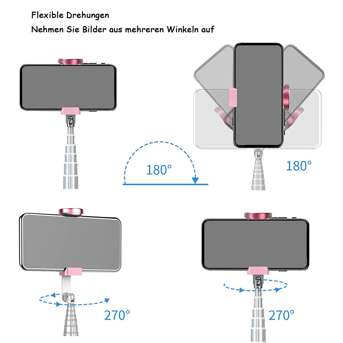 Diagramm, das ein Telefon auf einem rosa Selfie-Stick zeigt, das sich um 180 und 270 Grad dreht.