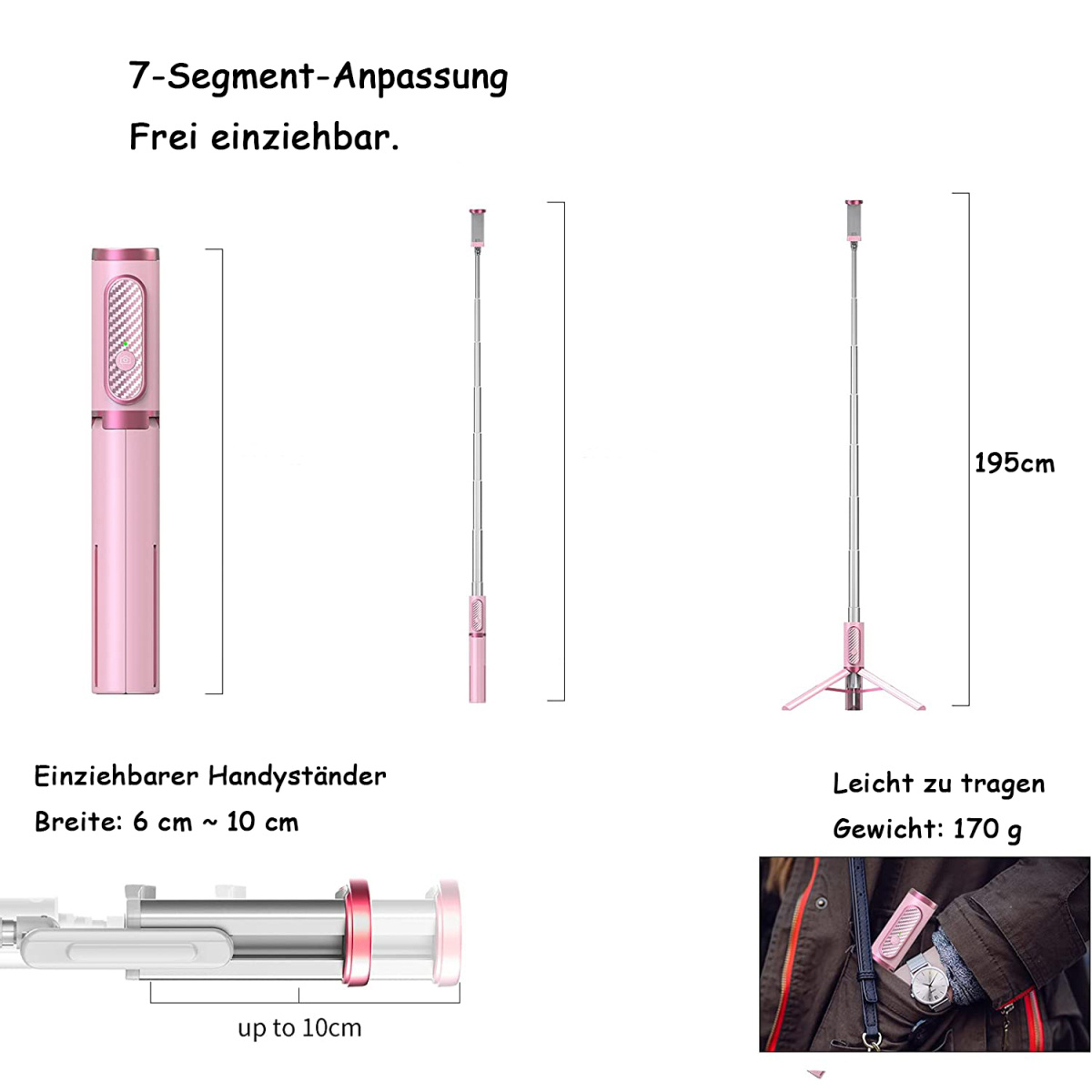 Ein pinkfarbener Selfie-Stick, der sich auf 195 cm ausdehnen lässt. Er hat eine Handyhalterung und eine Fernbedienung.