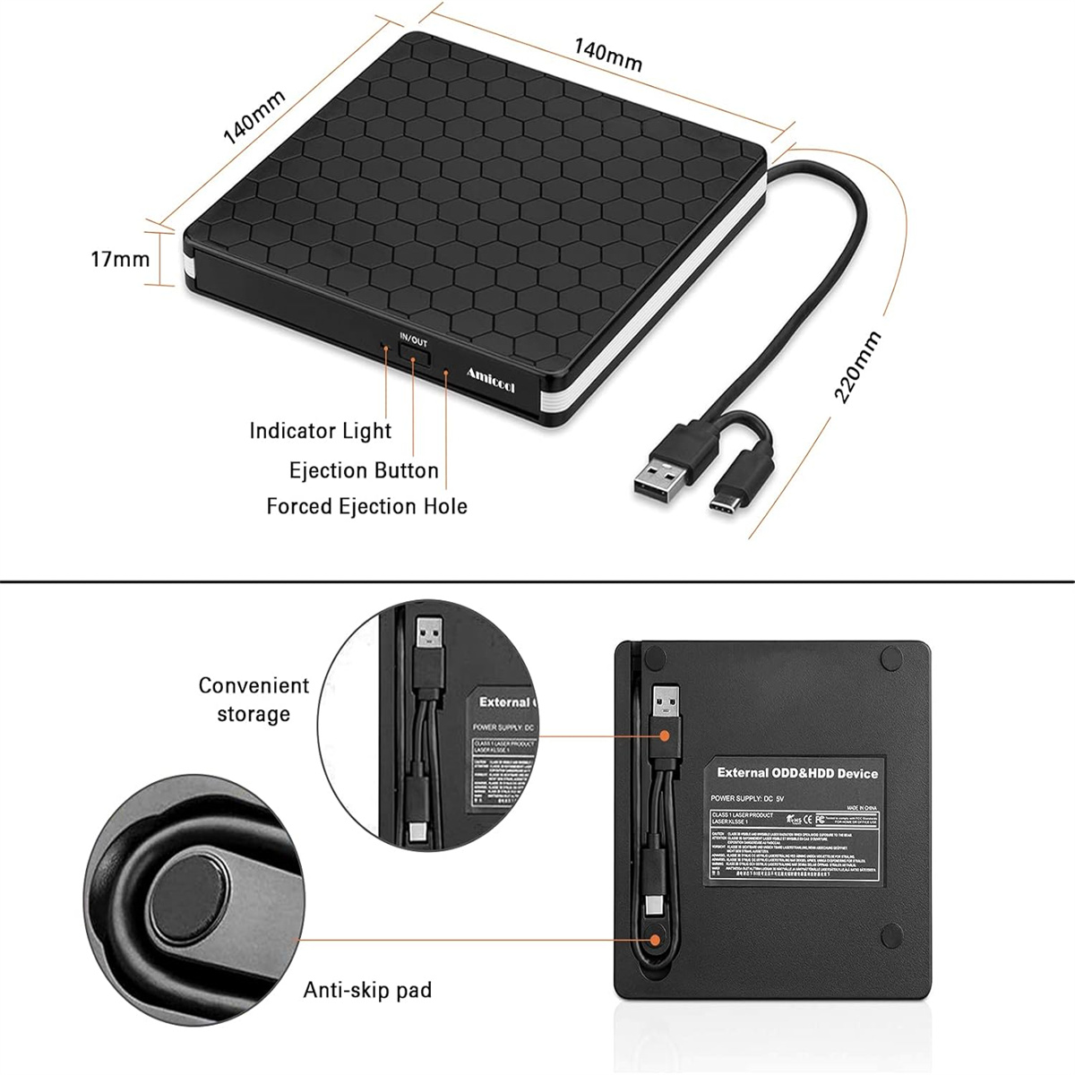 Schwarzes externes ODD- und HDD-Gerät mit Abmessungen. Enthält eine Auswurftaste, eine Kontrollleuchte und ein Anti-Rutsch-Pad.