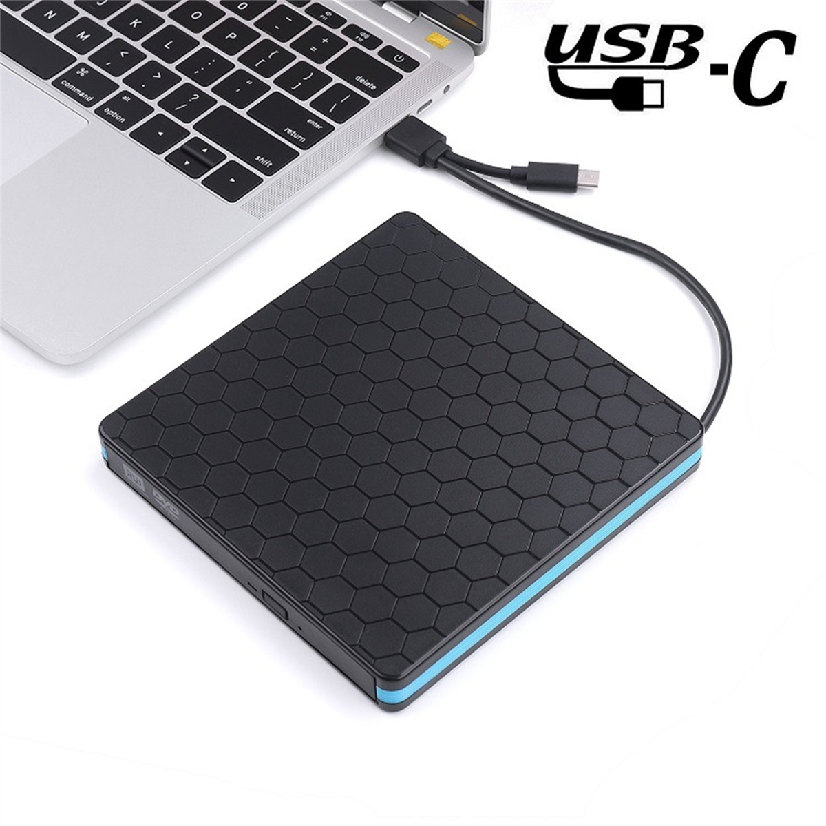Schwarze externe Festplatte, an einen Laptop angeschlossen.