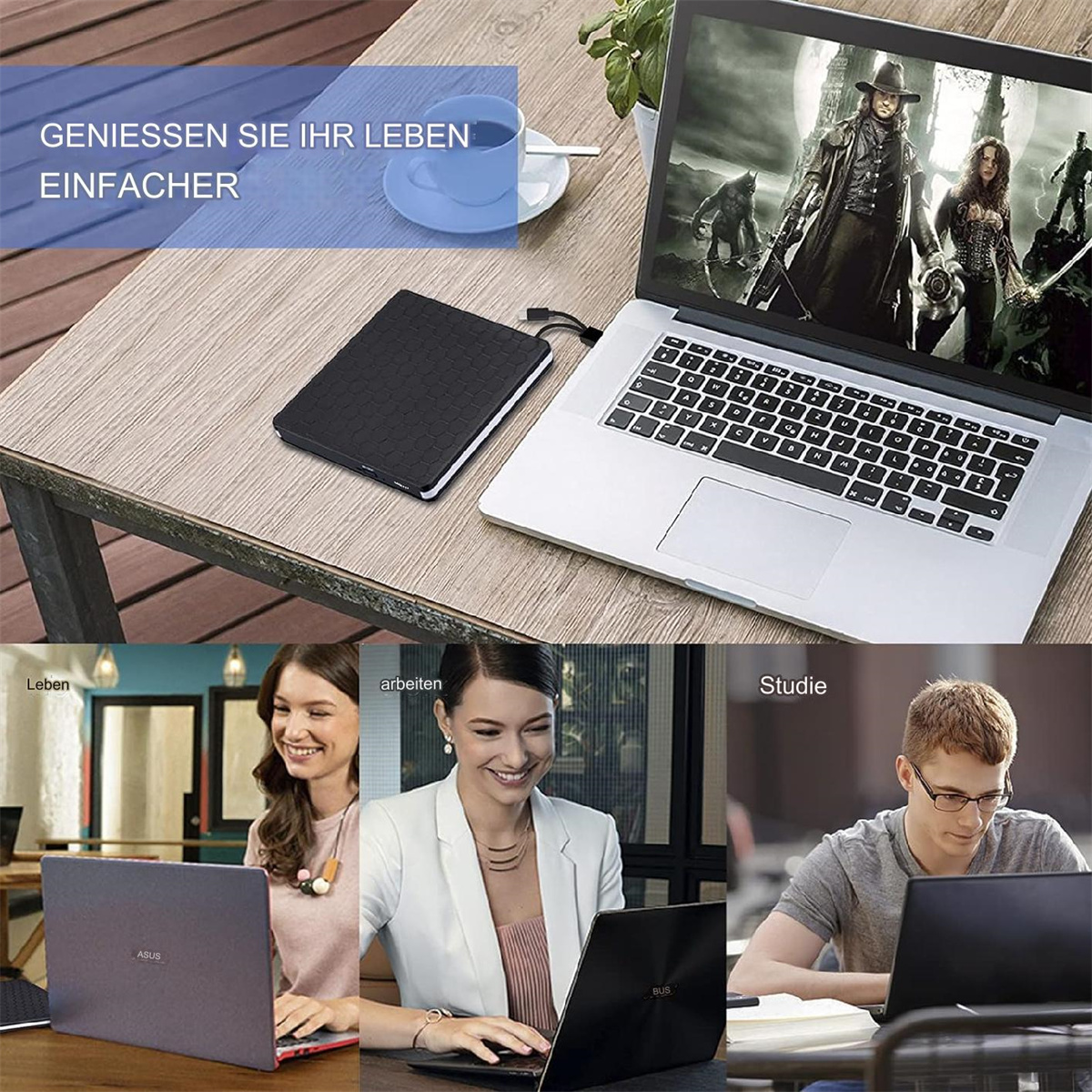 Laptop mit schwarzem Cover. Leute benutzen Laptops. Text auf dem Bild. Verschiedene Szenarien.