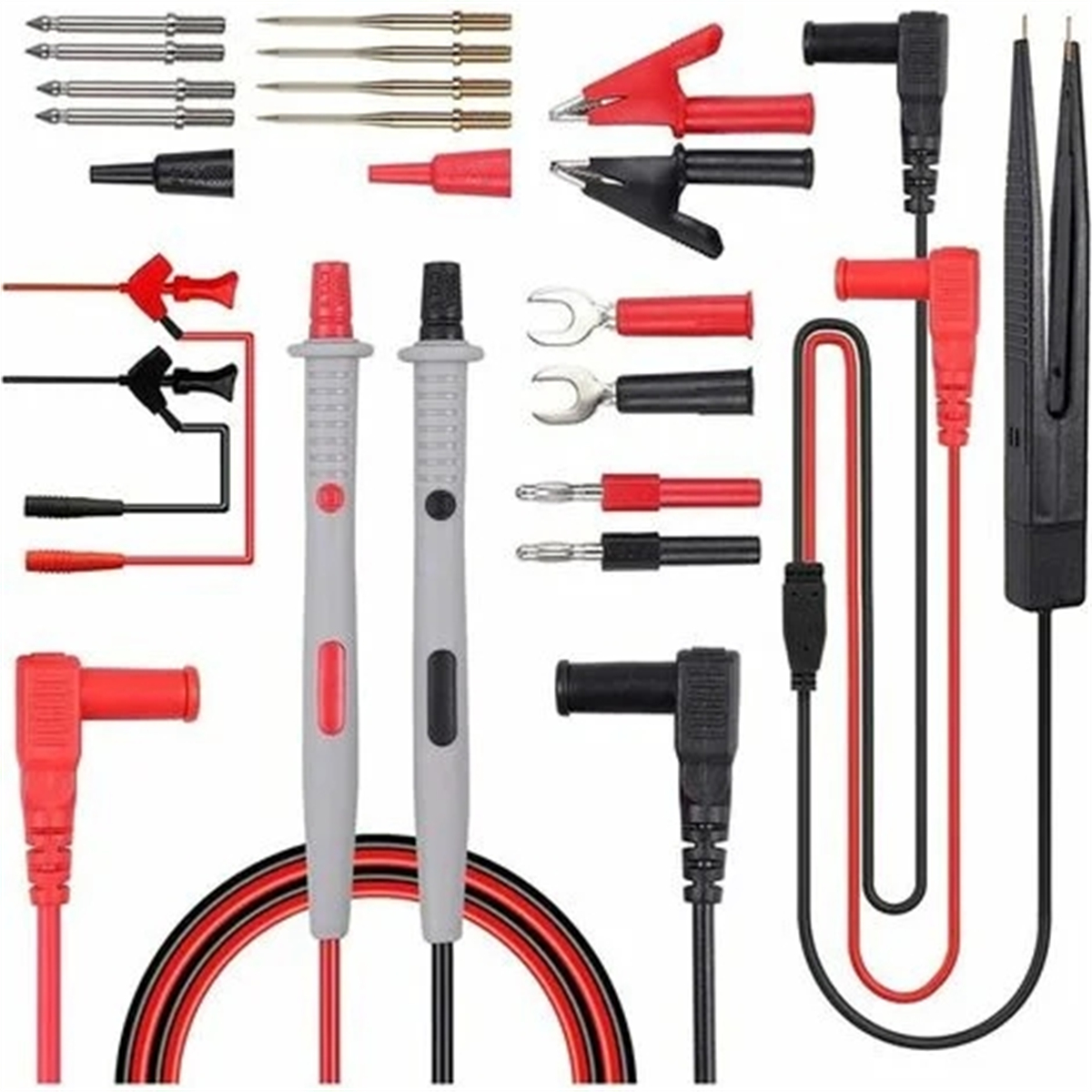 Ein Satz Testleitungen und Werkzeuge für Elektronik, einschließlich Sonden, Klemmen und Steckern, rot und schwarz.