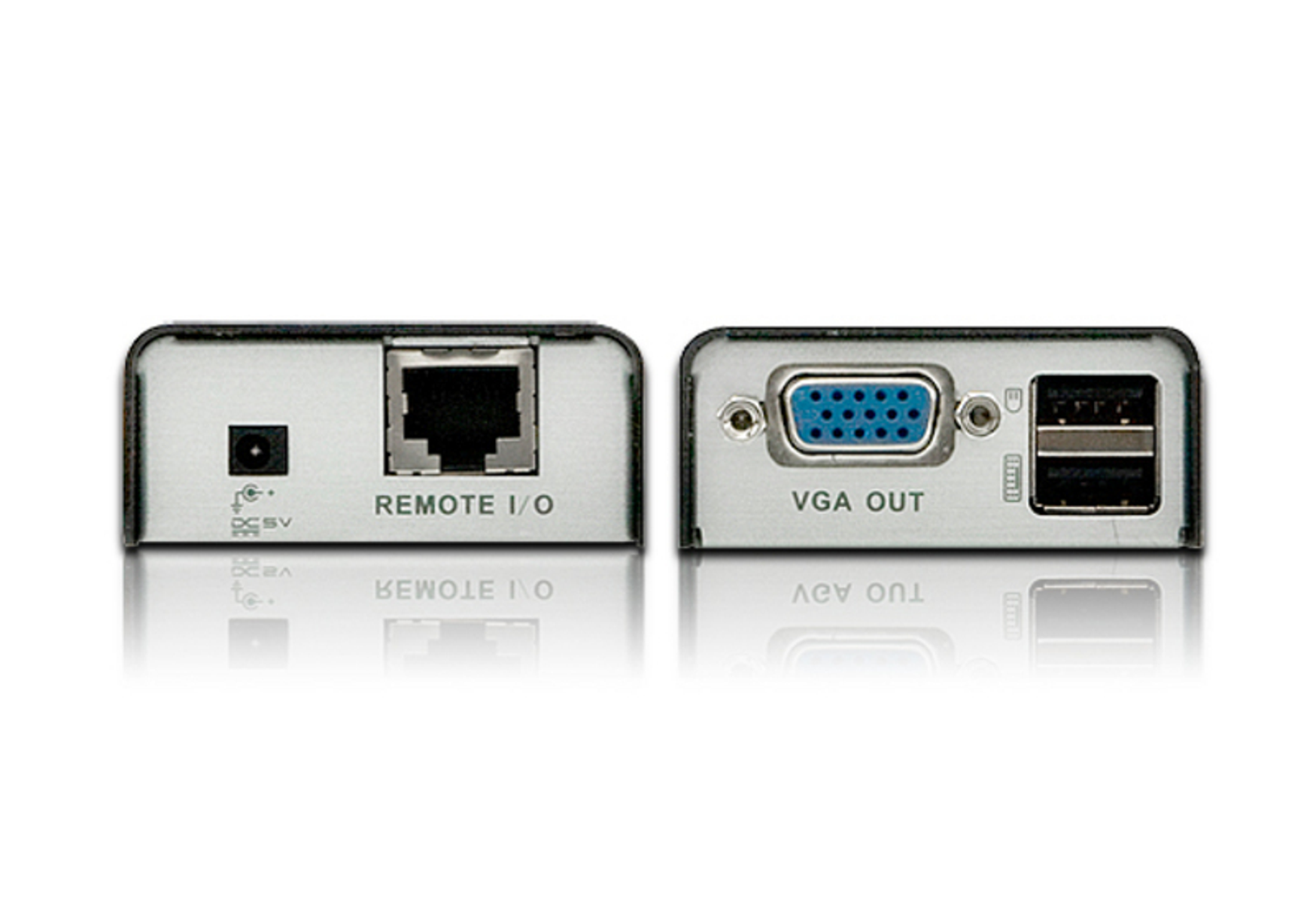 Zwei Seiten eines Geräts mit Anschlüssen, darunter Strom, Netzwerk und VGA-Ausgang.