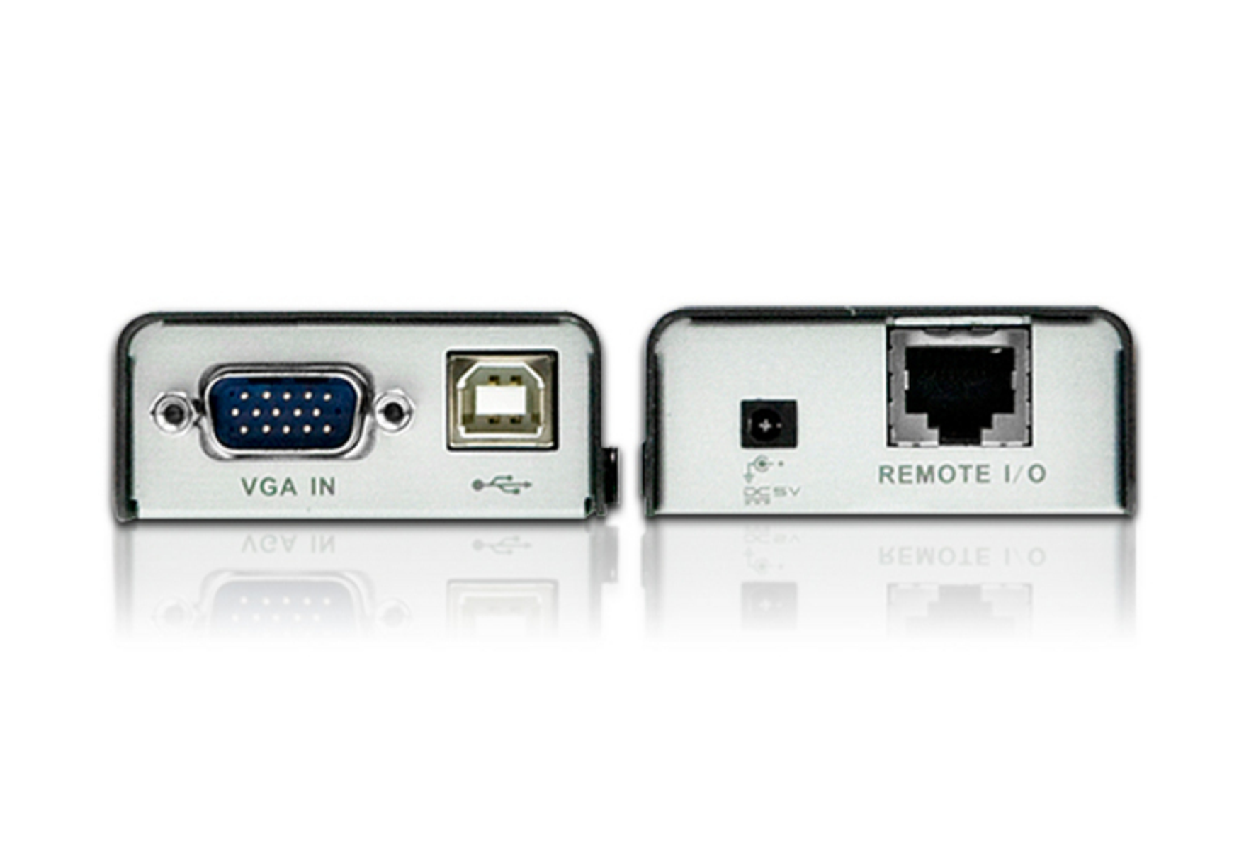 Zwei Seiten eines kleinen silbernen Geräts. Eine Seite hat einen VGA-Anschluss und USB. Die andere hat einen Ethernet-Anschluss.