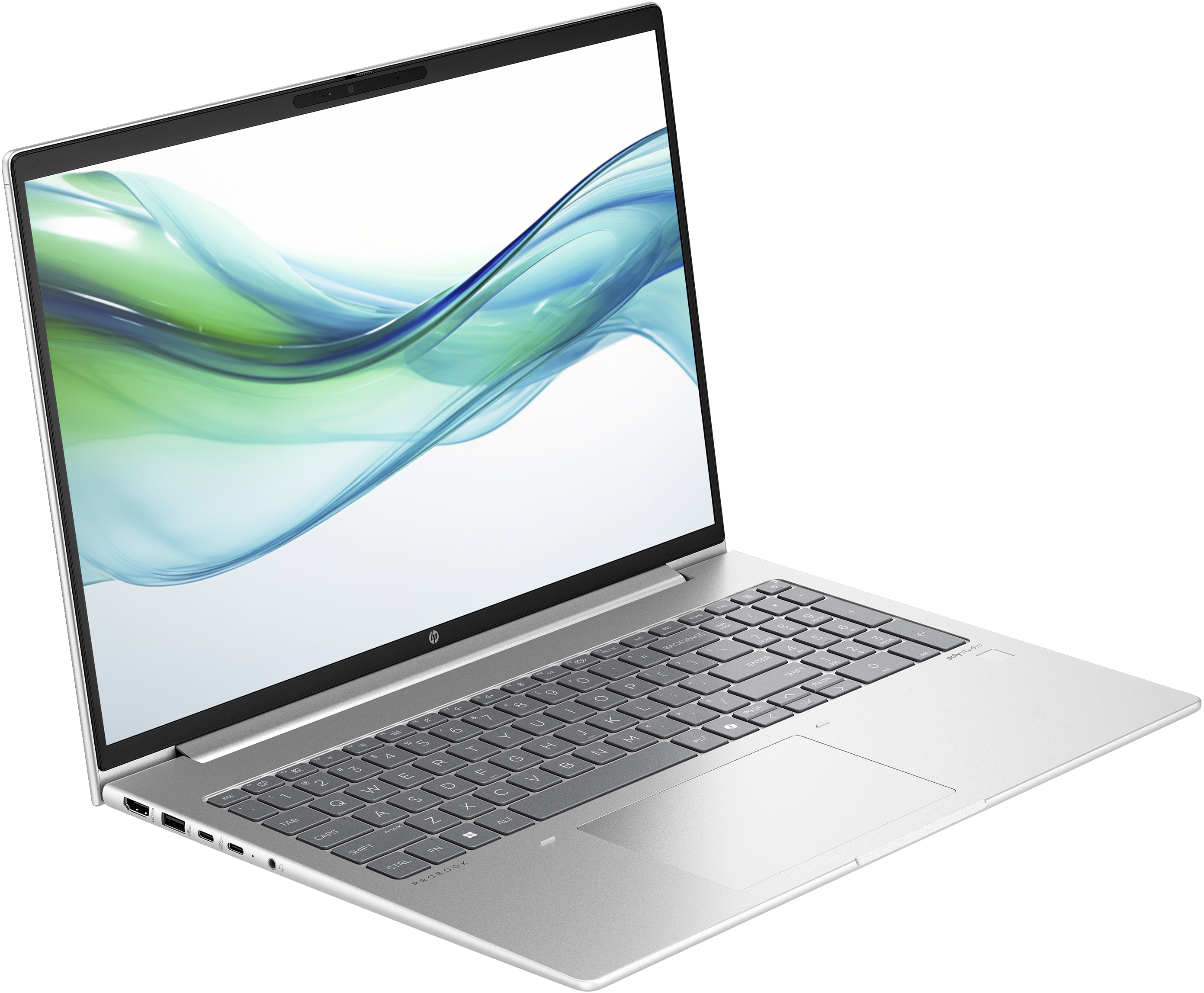 Laptop argentato aperto, mostra schermo con vortici blu e verdi, su sfondo bianco.