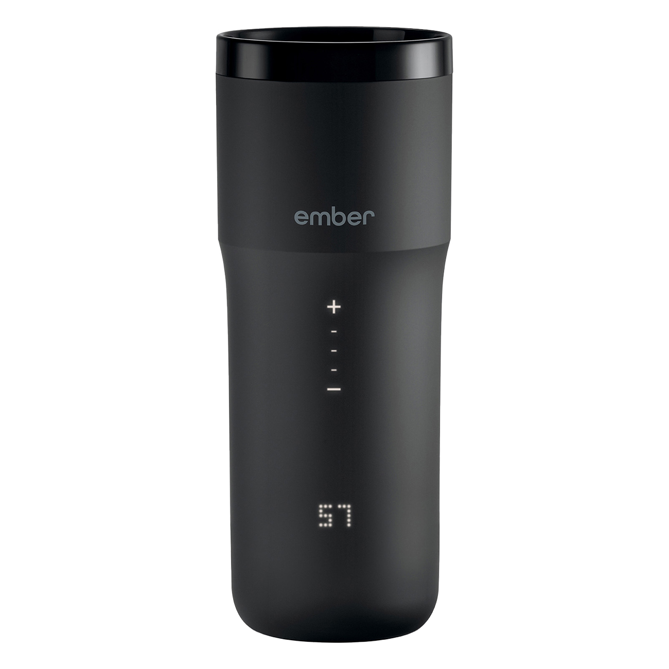 Tazza intelligente Ember nera con display digitale e icone più, meno e linea.
