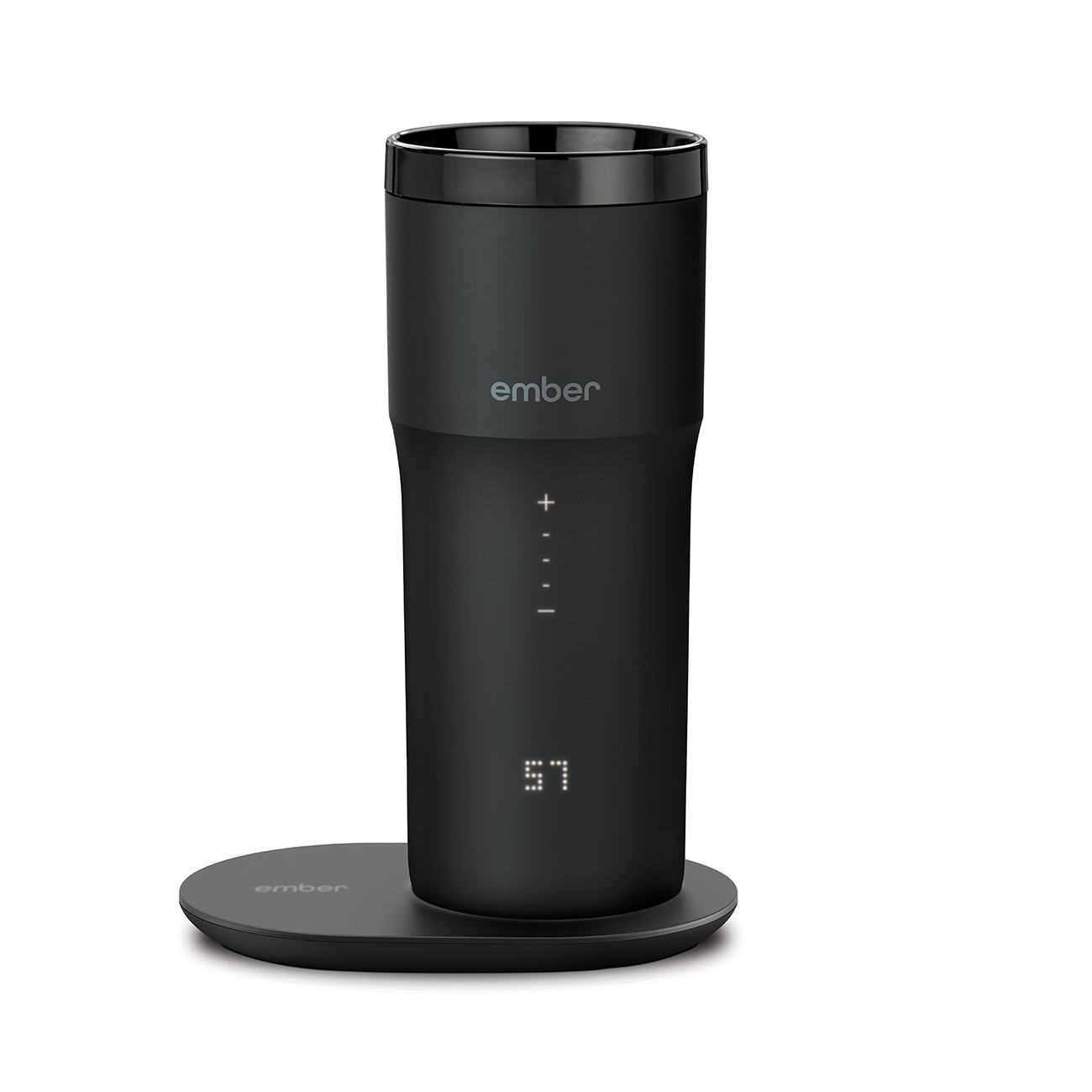 Tazza Ember nera su una base di ricarica. La tazza mostra la temperatura '57'. Superficie nera.