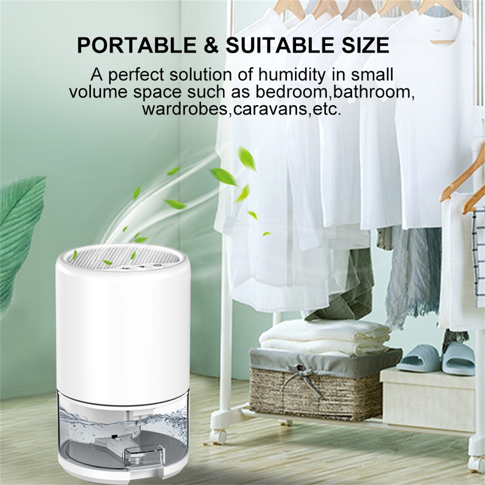 Ein weißer zylindrischer Luftbefeuchter mit einem transparenten Wasserstandsfenster. Es steht vor Kleidung auf Kleiderbügeln.
