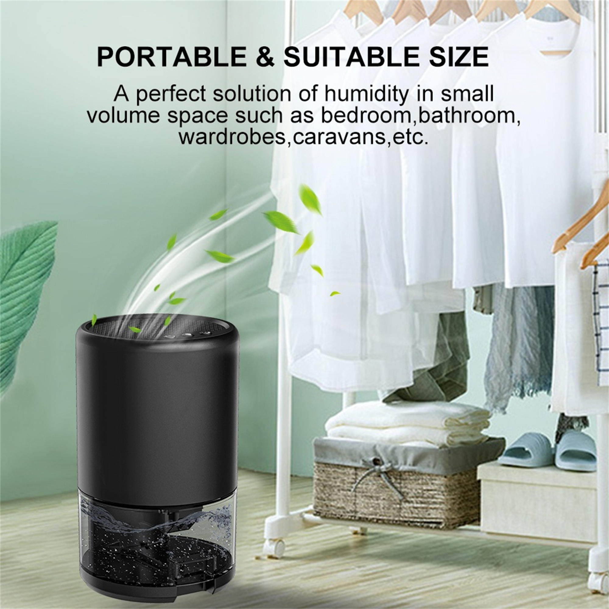 Schwarzer Luftbefeuchter mit transparentem Wassertank und Pflanzen im Hintergrund, und ein Schrank.