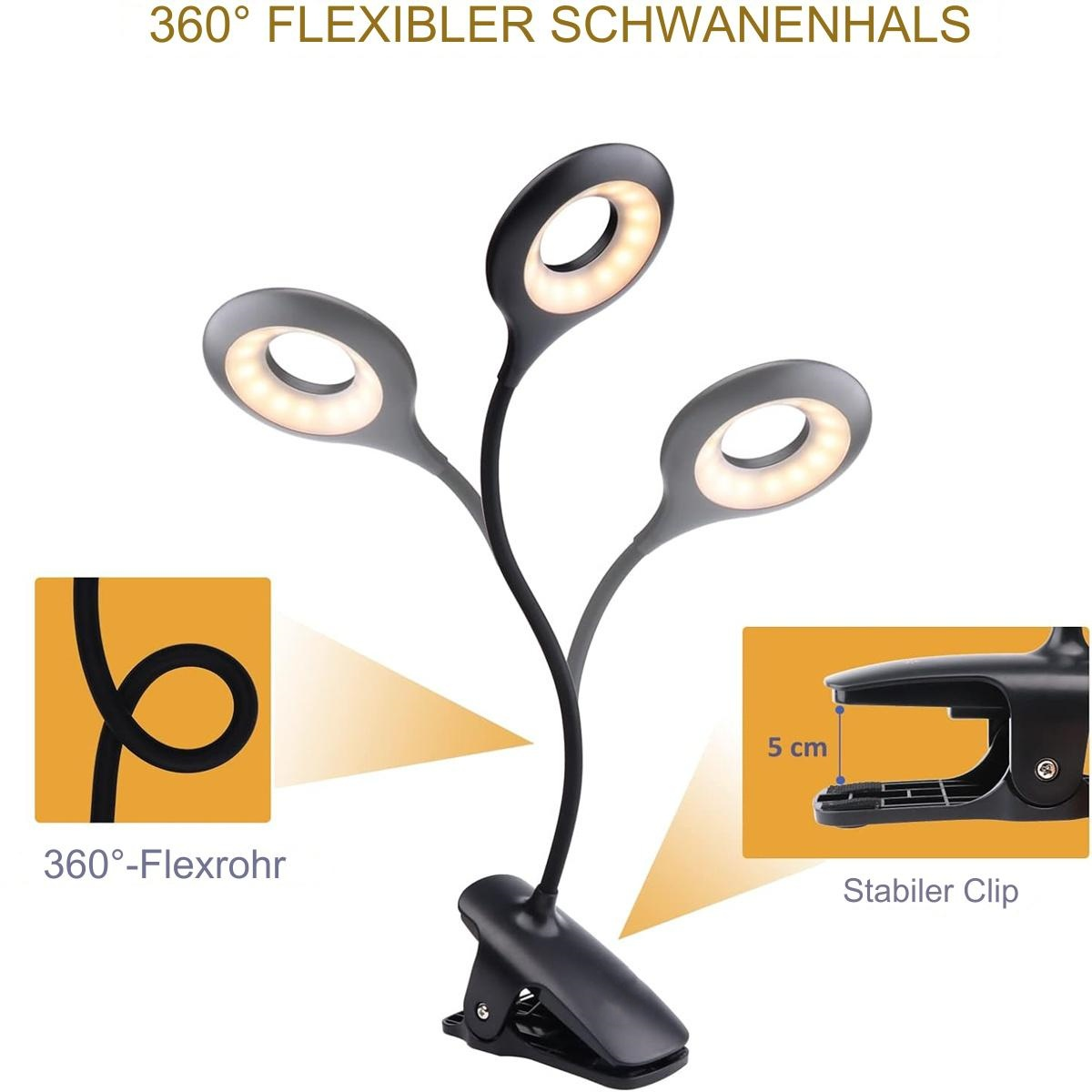 Eine schwarze Leselampe mit drei verstellbaren Köpfen. Details des flexiblen Halses und der Klammer werden gezeigt.