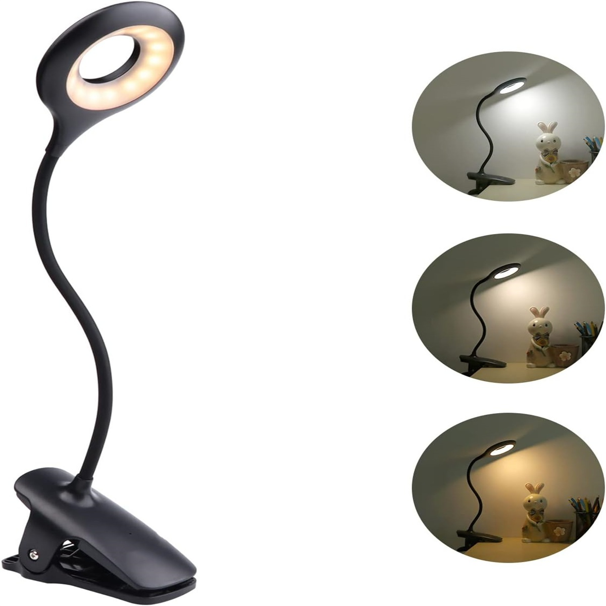 Eine schwarze LED-Leselampe mit flexiblem Hals und Clip. Drei Beleuchtungsszenarien sind gezeigt.