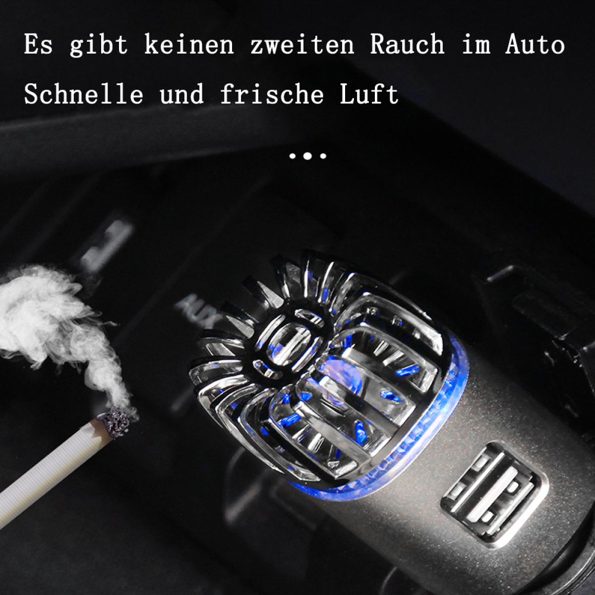 Eine brennende Zigarette mit Rauch und ein Auto-Lufterfrischer mit blauen Lichtern und Text.