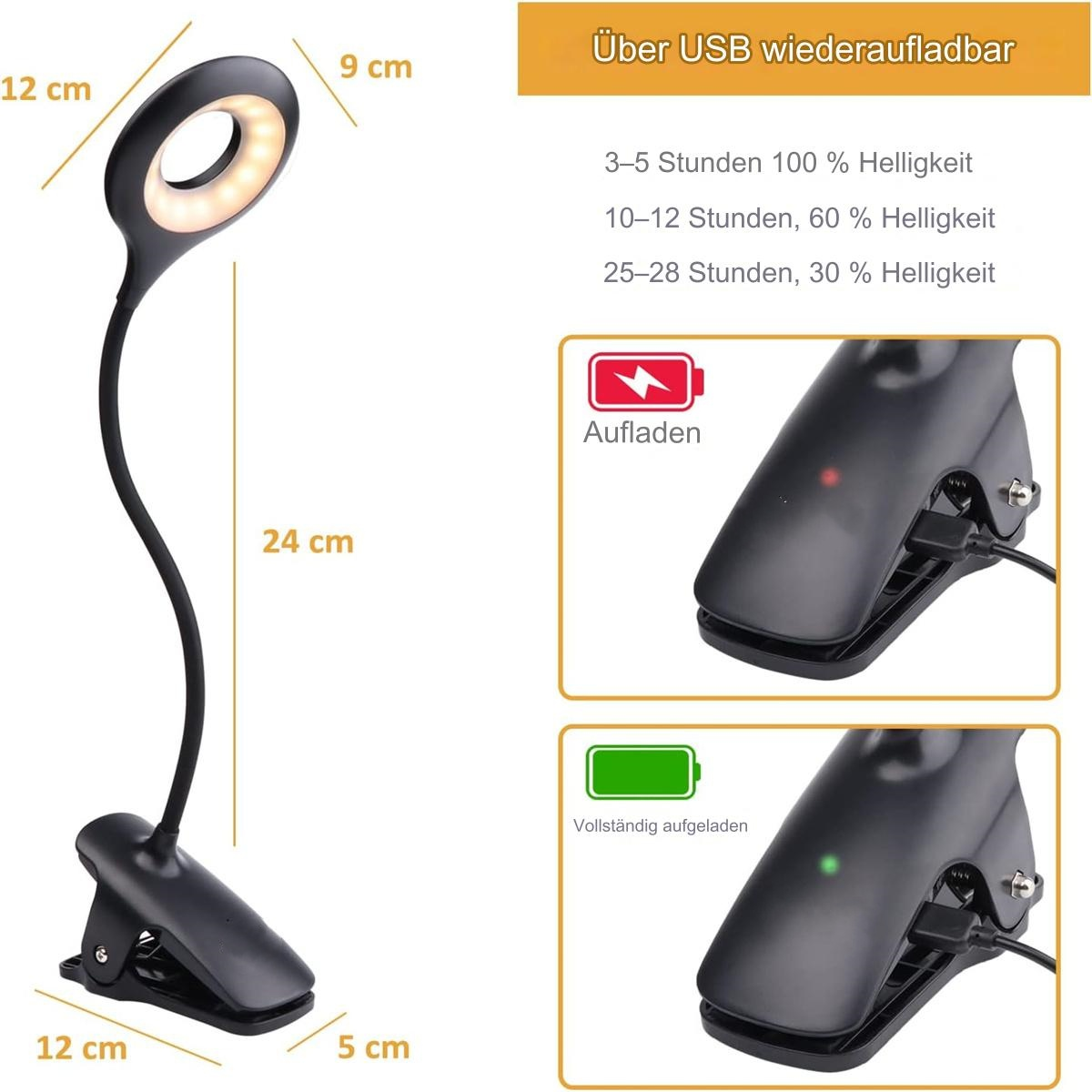 Schwarze Schreibtischlampe mit Clip, Licht an. Text über Ladezeiten und Helligkeit.