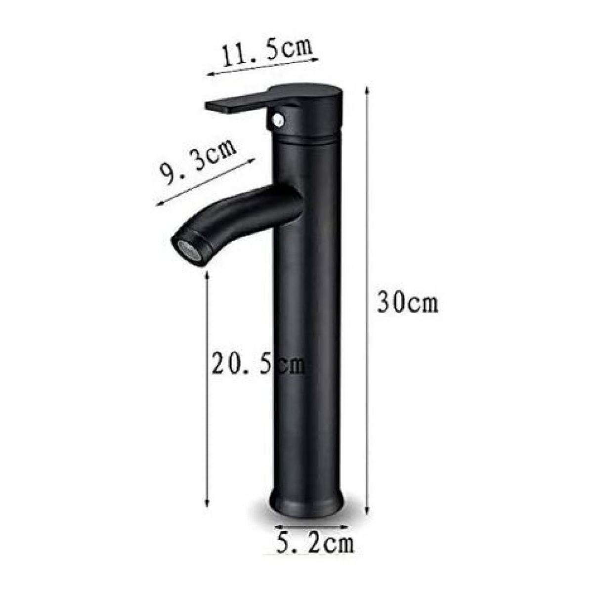 Eine schwarze, matte Armatur mit in cm angegebenen Abmessungen auf weißem Hintergrund.