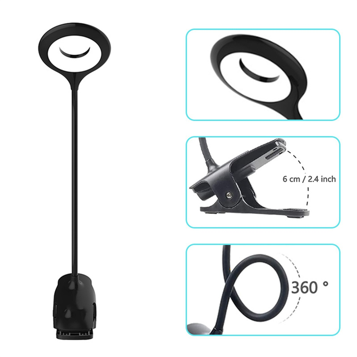 Eine schwarze LED-Schreibtischlampe mit Clip, drei Detailansichten.