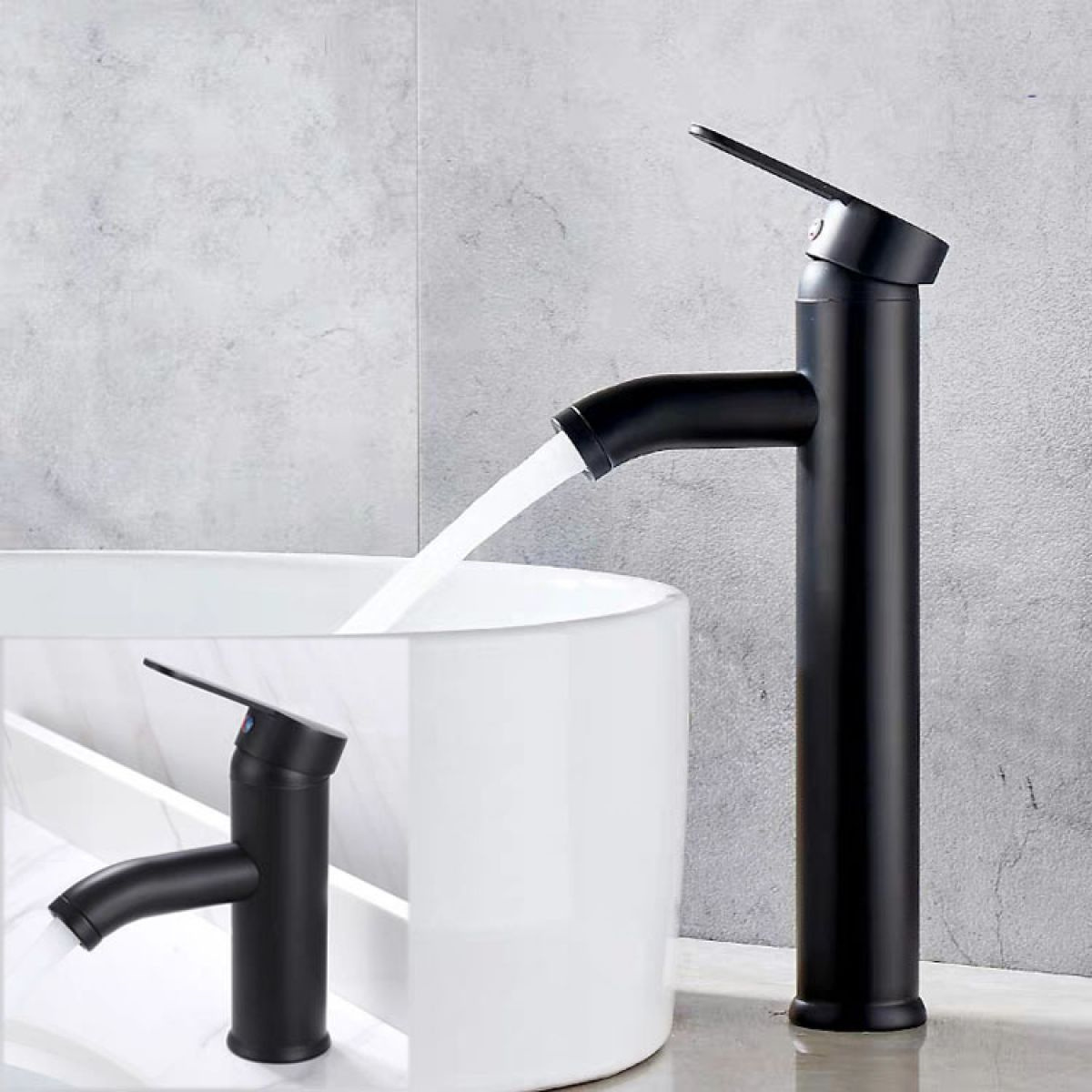 Ein schwarzer Wasserhahn mit Wasser, das in ein weißes Waschbecken fließt. Ein kleines Bild des Wasserhahns befindet sich unten links.