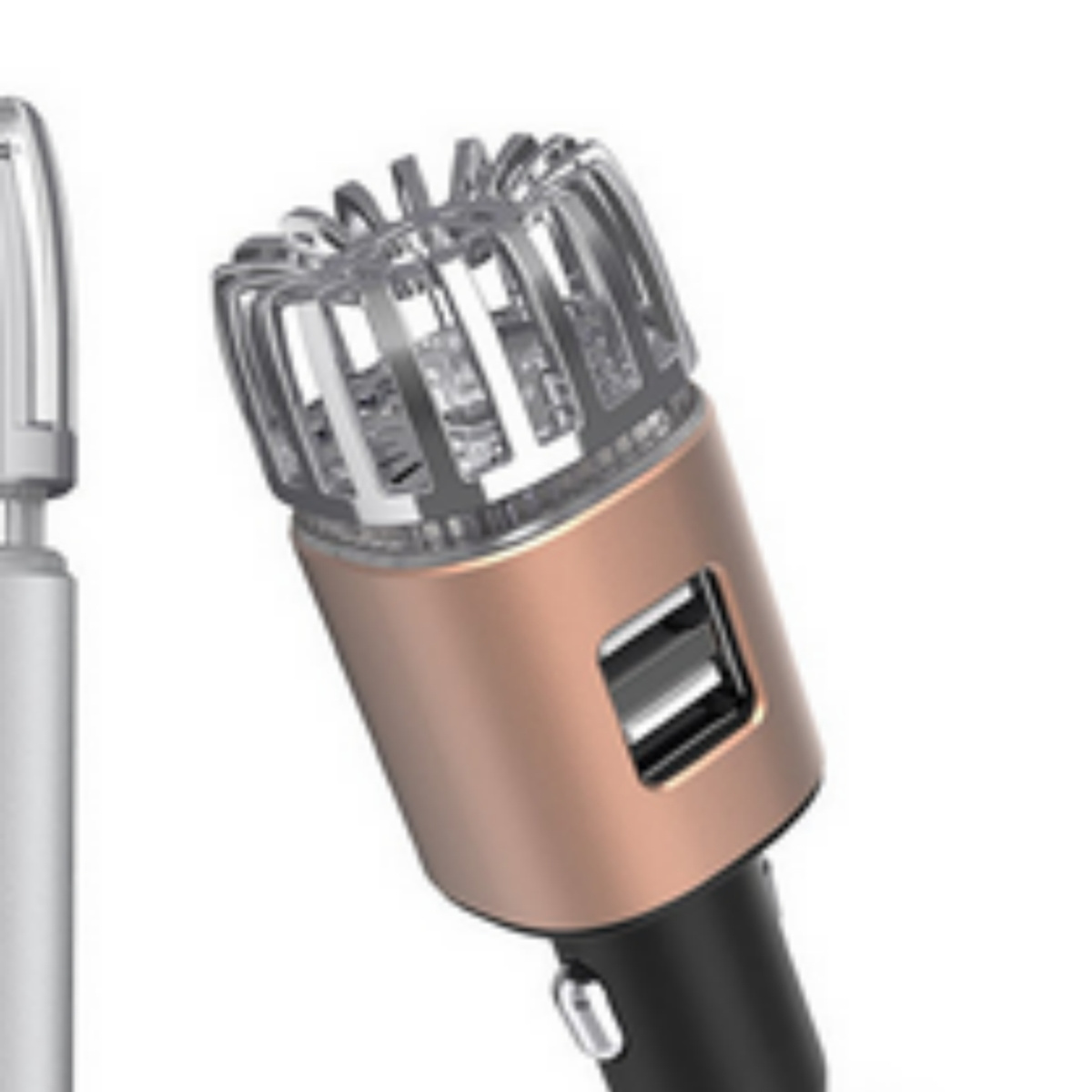 Mikrofon mit USB-Anschlüssen, Gold- und Schwarz-Farbschema.