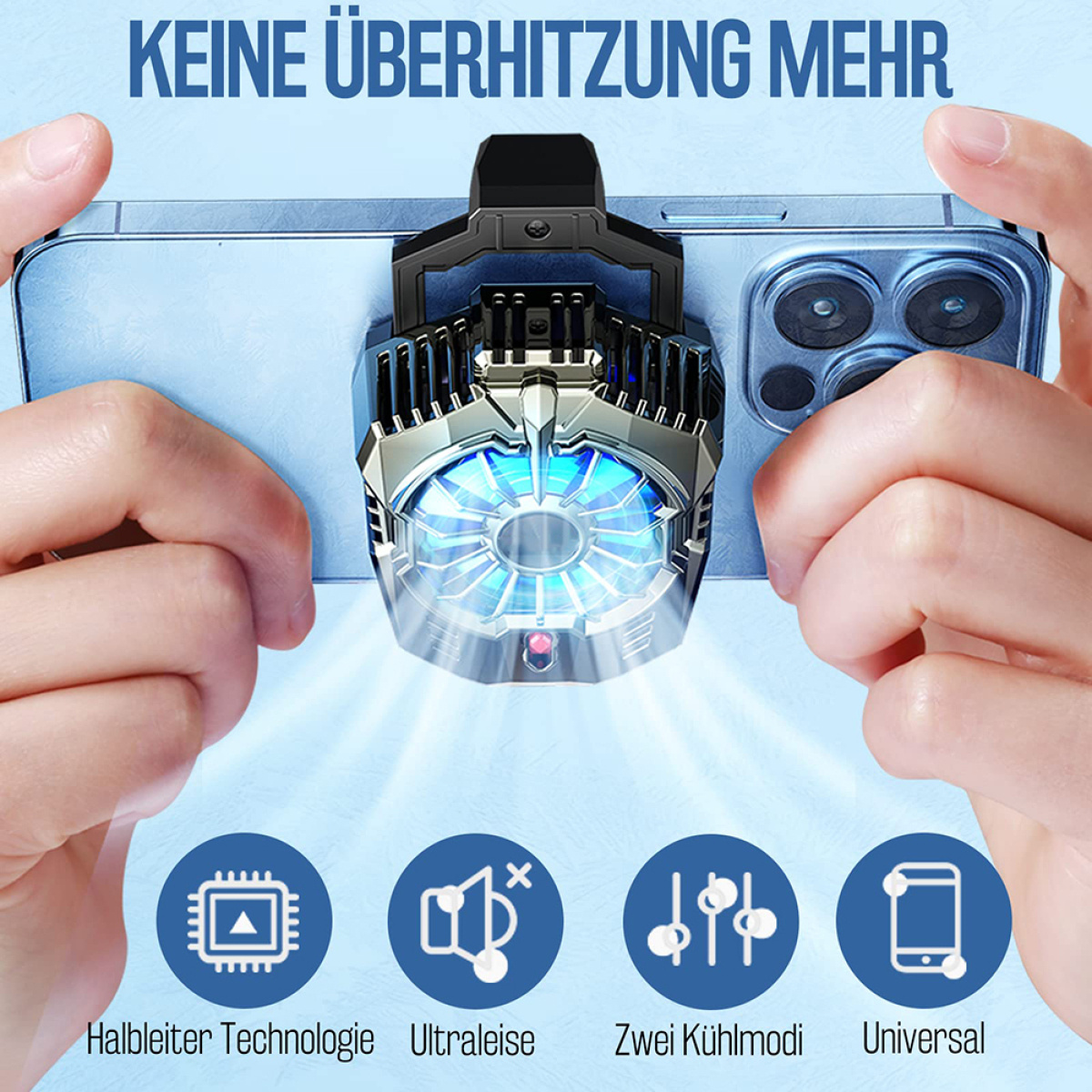 Telefon mit Lüfteraufsatz gehalten. Schwarzer und silberner Lüfter kühlt das Telefon.