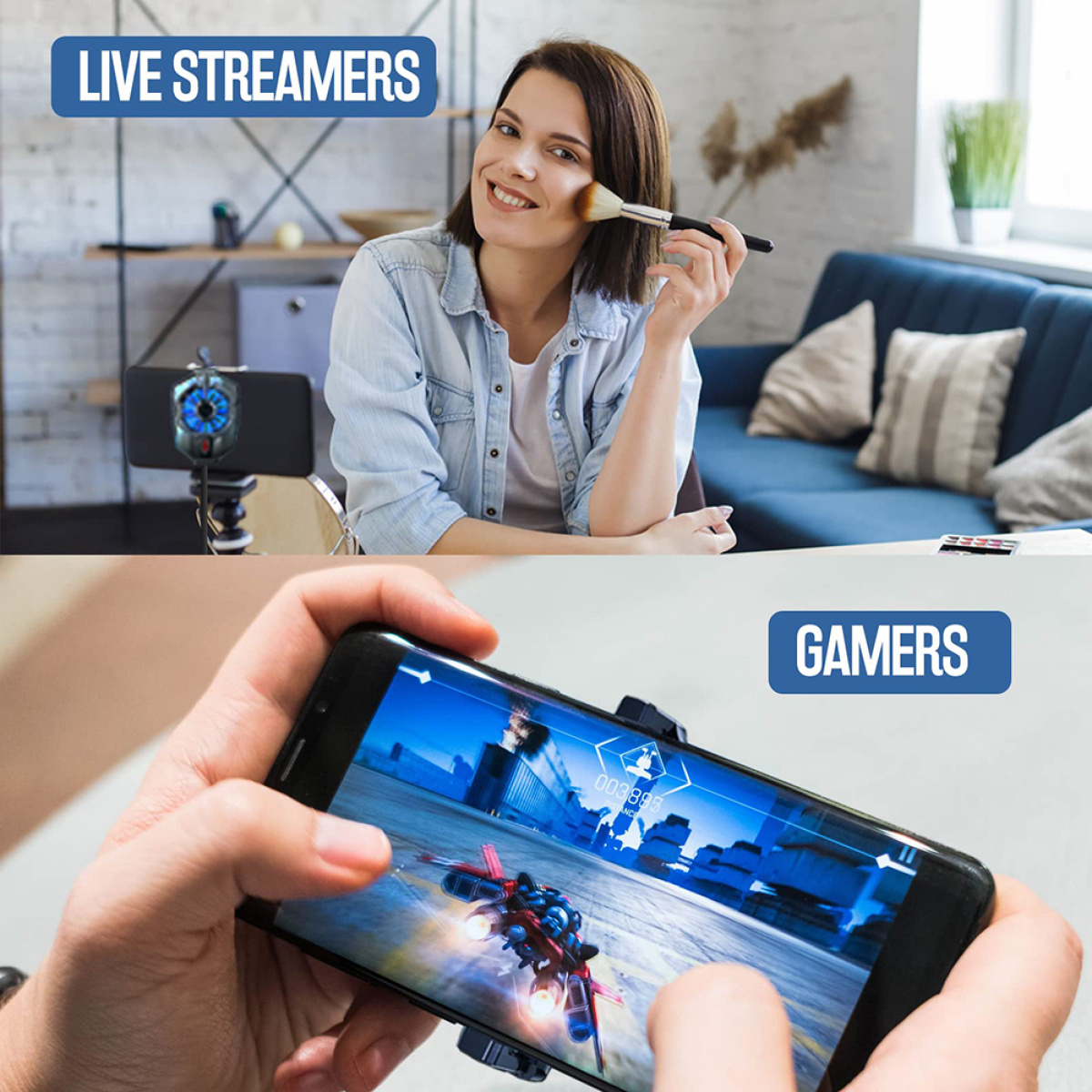 Eine Frau, die sich schminkt, ein Telefon mit einem Spiel. Text: Live-Streamer und Gamer.