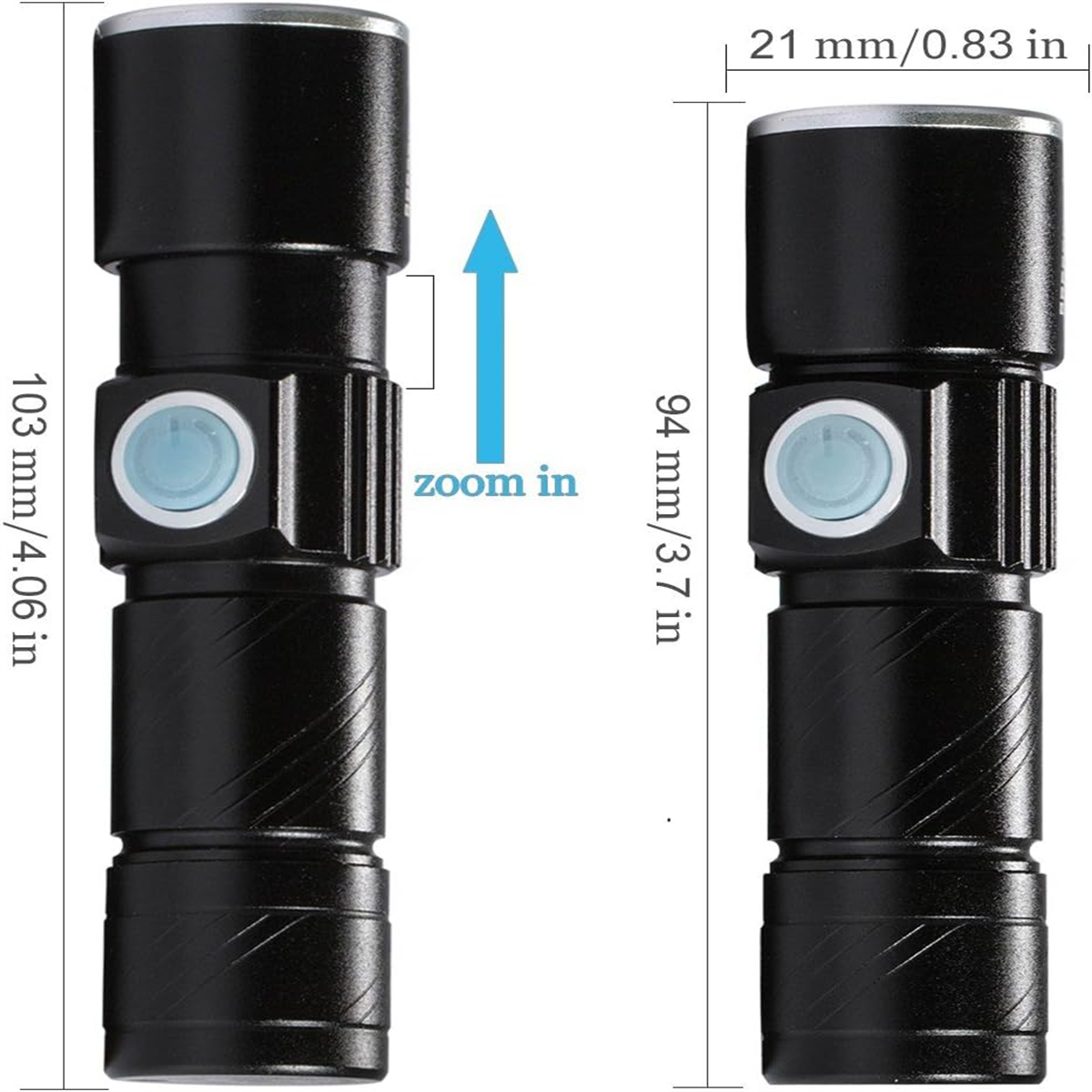 Zwei schwarze Taschenlampen nebeneinander, mit Zoom-Pfeil, messen 103 mm und 94 mm in der Höhe.