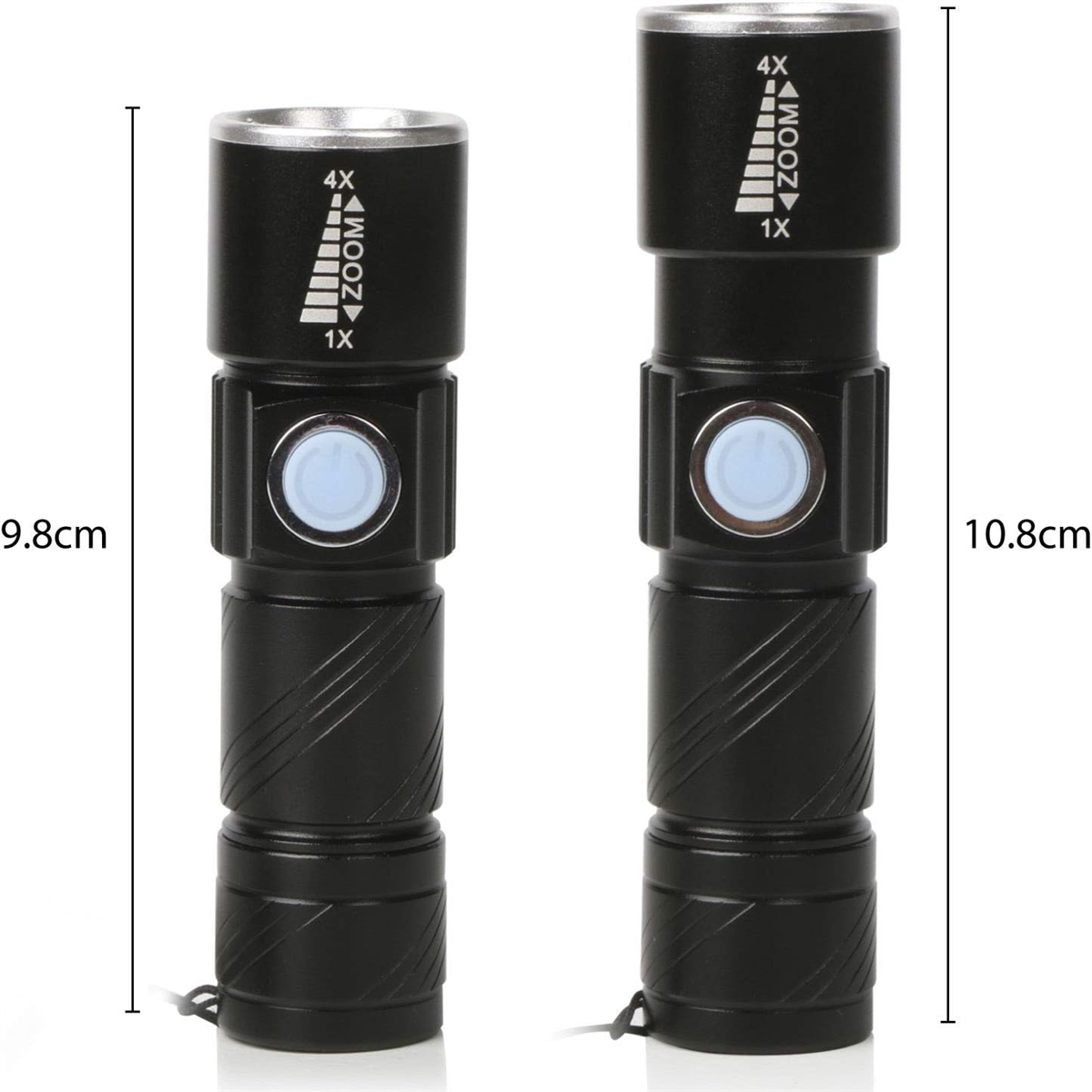 Zwei schwarze Taschenlampen, eine größer als die andere. Zoom-Anzeigen sind sichtbar.