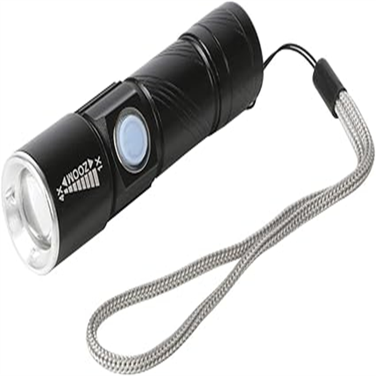 Schwarze Taschenlampe mit Zoom-Einstellung, Ein-/Aus-Taste und Handschlaufe.