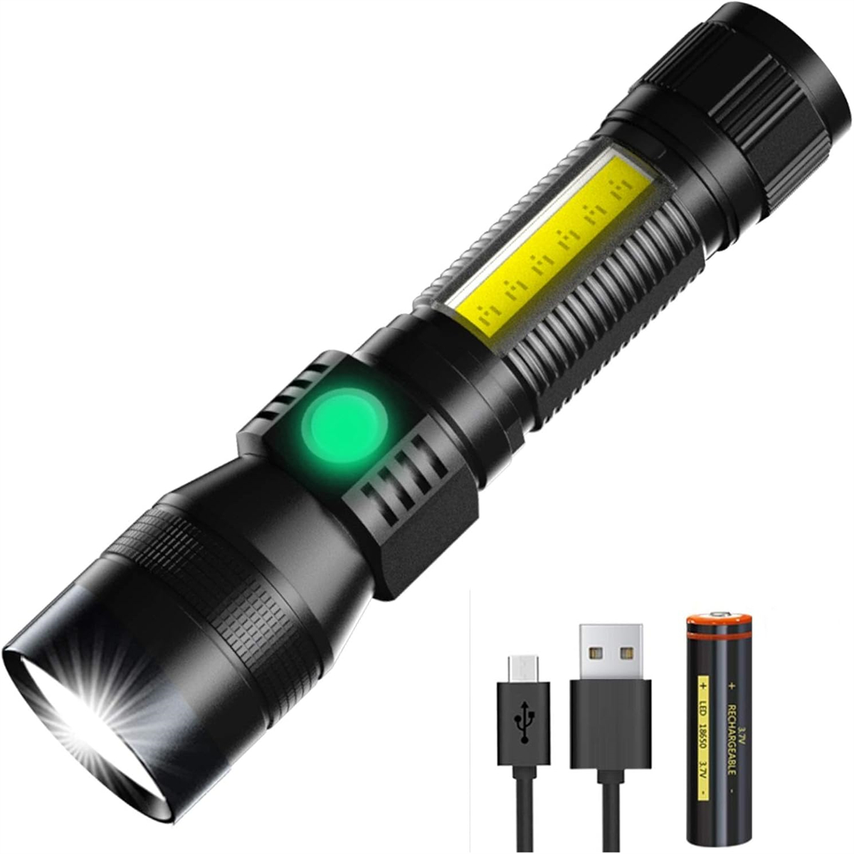 Schwarze Taschenlampe mit weißem Lichtstrahl und grünem Knopf. Inklusive USB-Kabel und Akku.