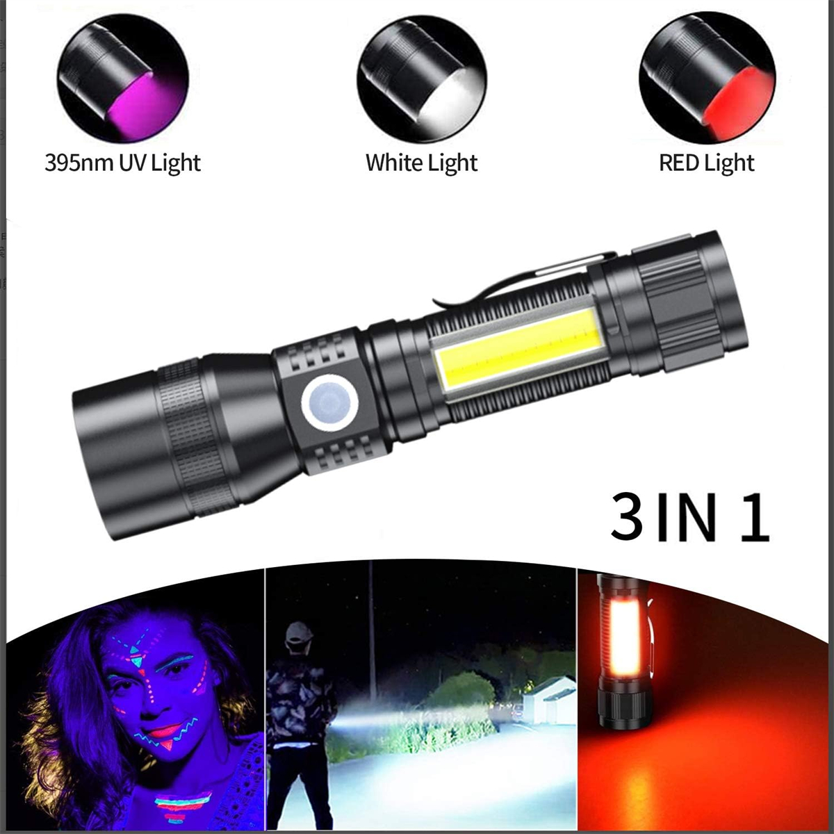 Eine 3-in-1-Taschenlampe. Zeigt UV-, Weiß- und Rotlichtoptionen. Beispiele: Gesicht und dunkle Szene.
