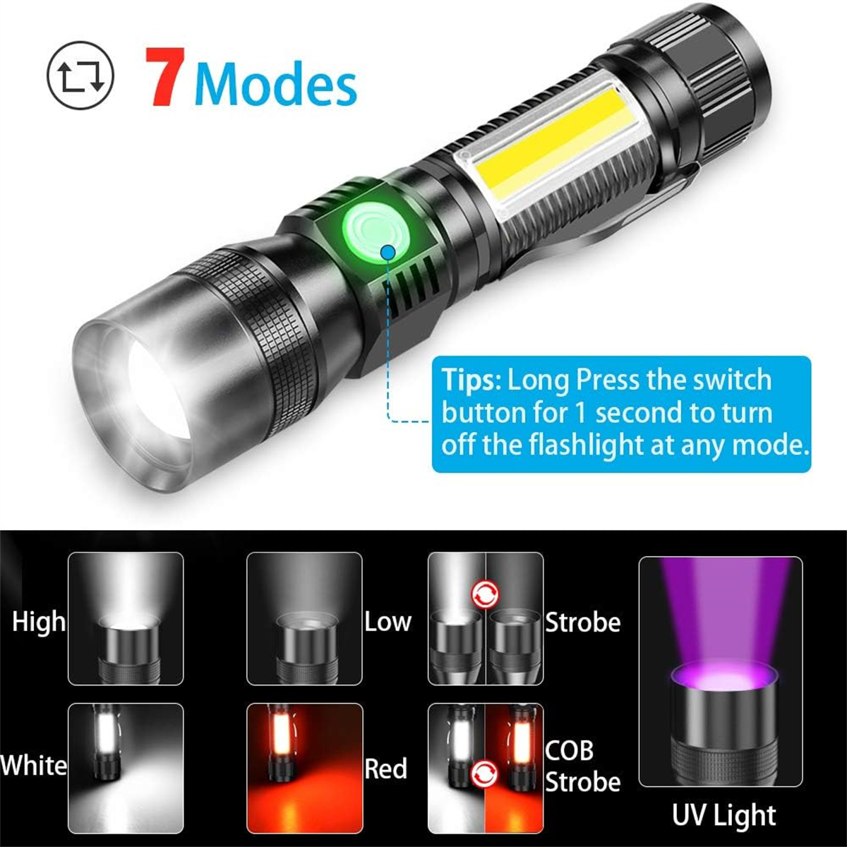 Schwarze Taschenlampe mit mehreren Lichtmodi, einschließlich hoch, niedrig und UV-Licht.