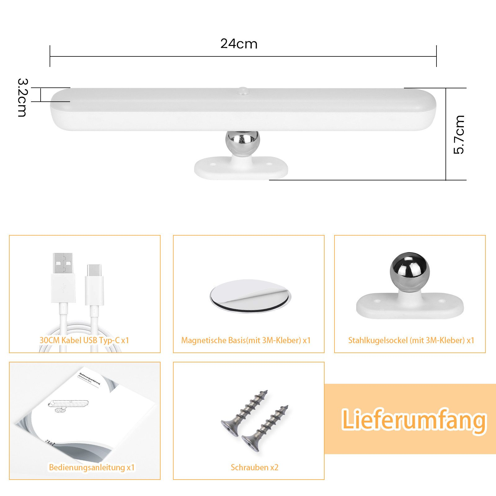 Biały pasek świetlny LED z wymiarami i dołączonymi częściami. Zawiera kabel USB i akcesoria montażowe.