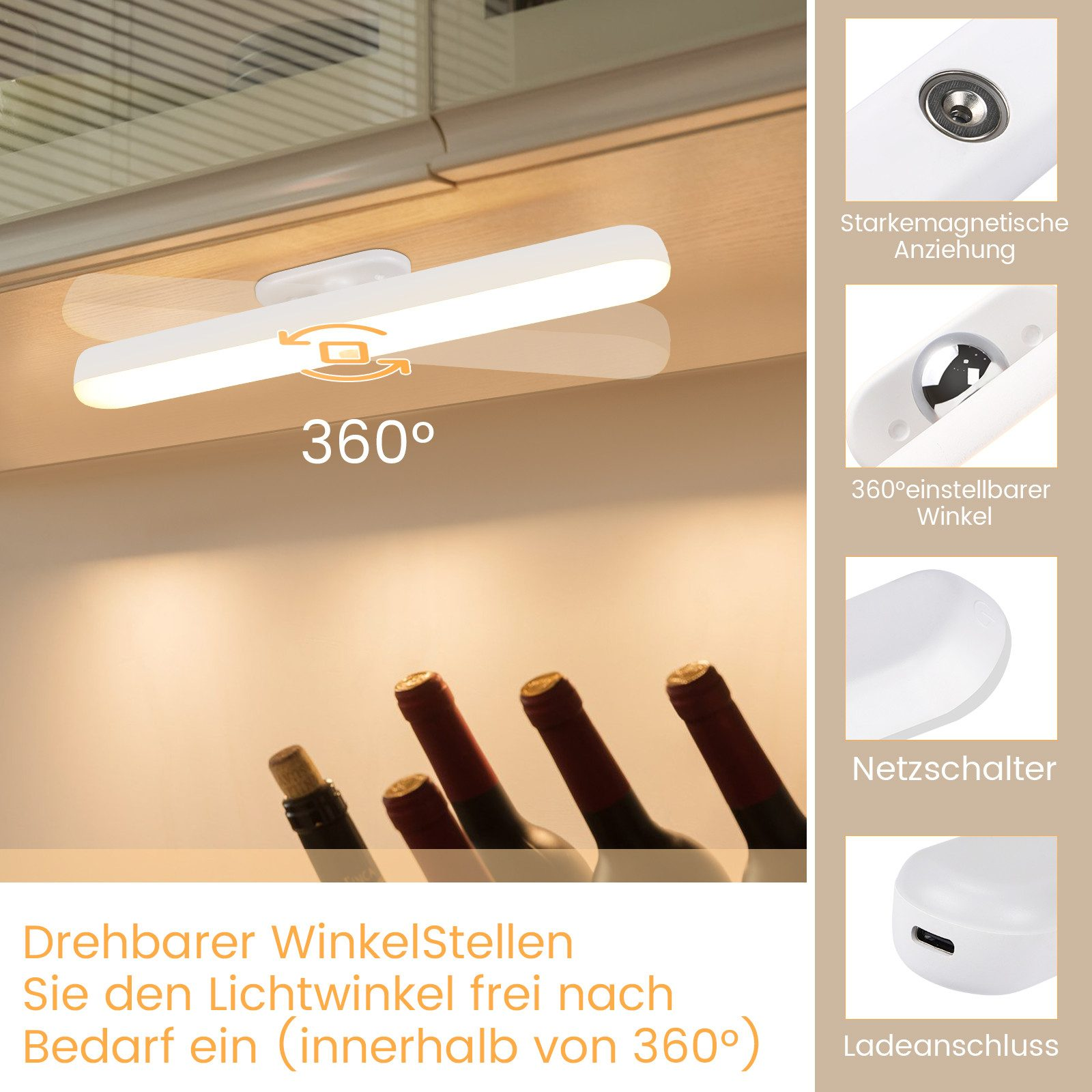 Biały pasek świetlny LED z regulowanym kątem. Dodatkowe obrazy pokazują opcje montażu i przełącznik zasilania.