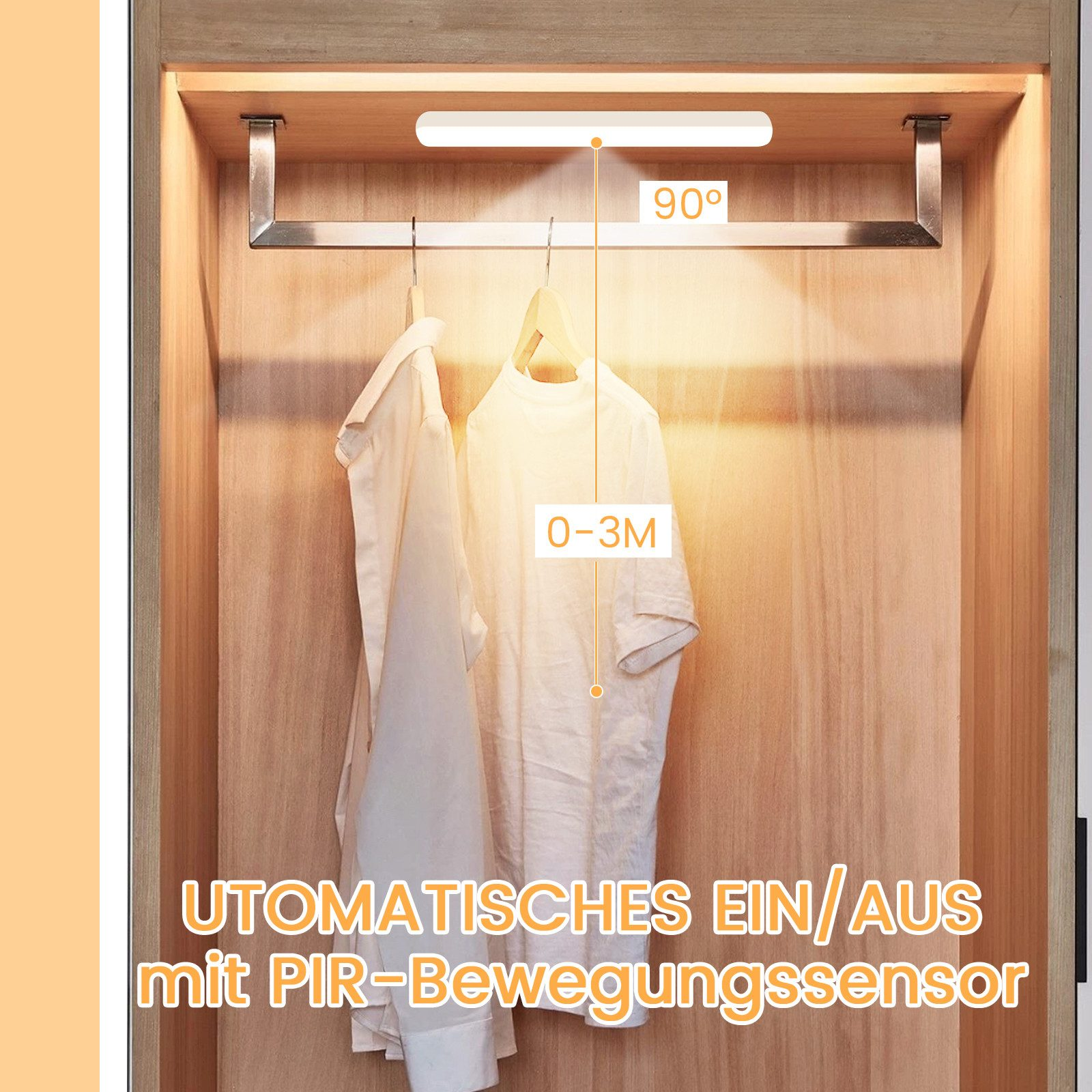 Szafa z oprawą oświetleniową nad drążkiem z koszulami. Tekst: automatyczne włączanie/wyłączanie z czujnikiem ruchu.