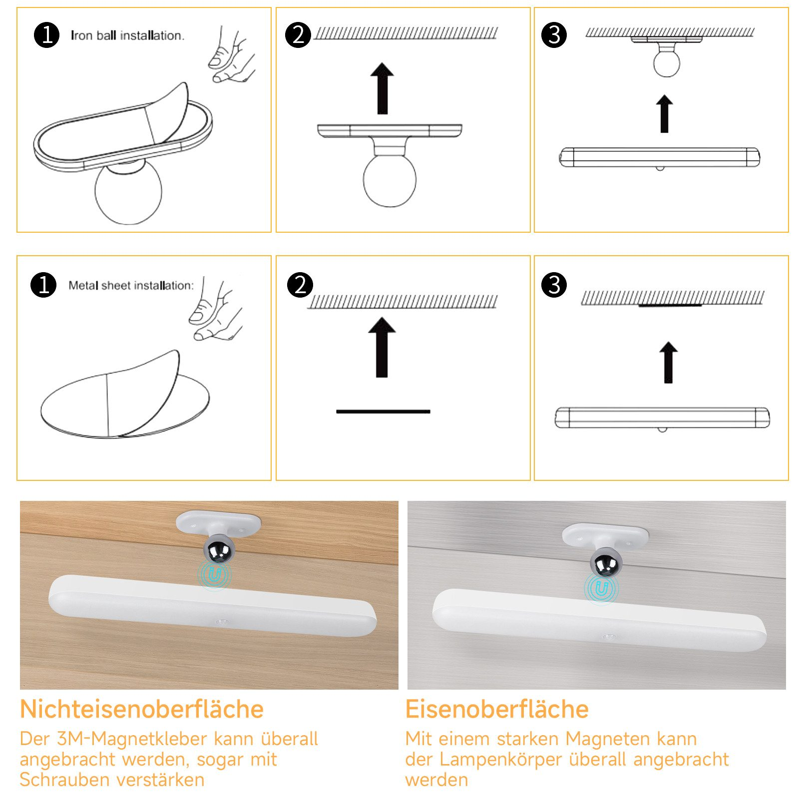 Schematy pokazujące, jak zainstalować oprawę oświetleniową na powierzchniach żelaznych lub metalowych. Tekst opisuje proces.