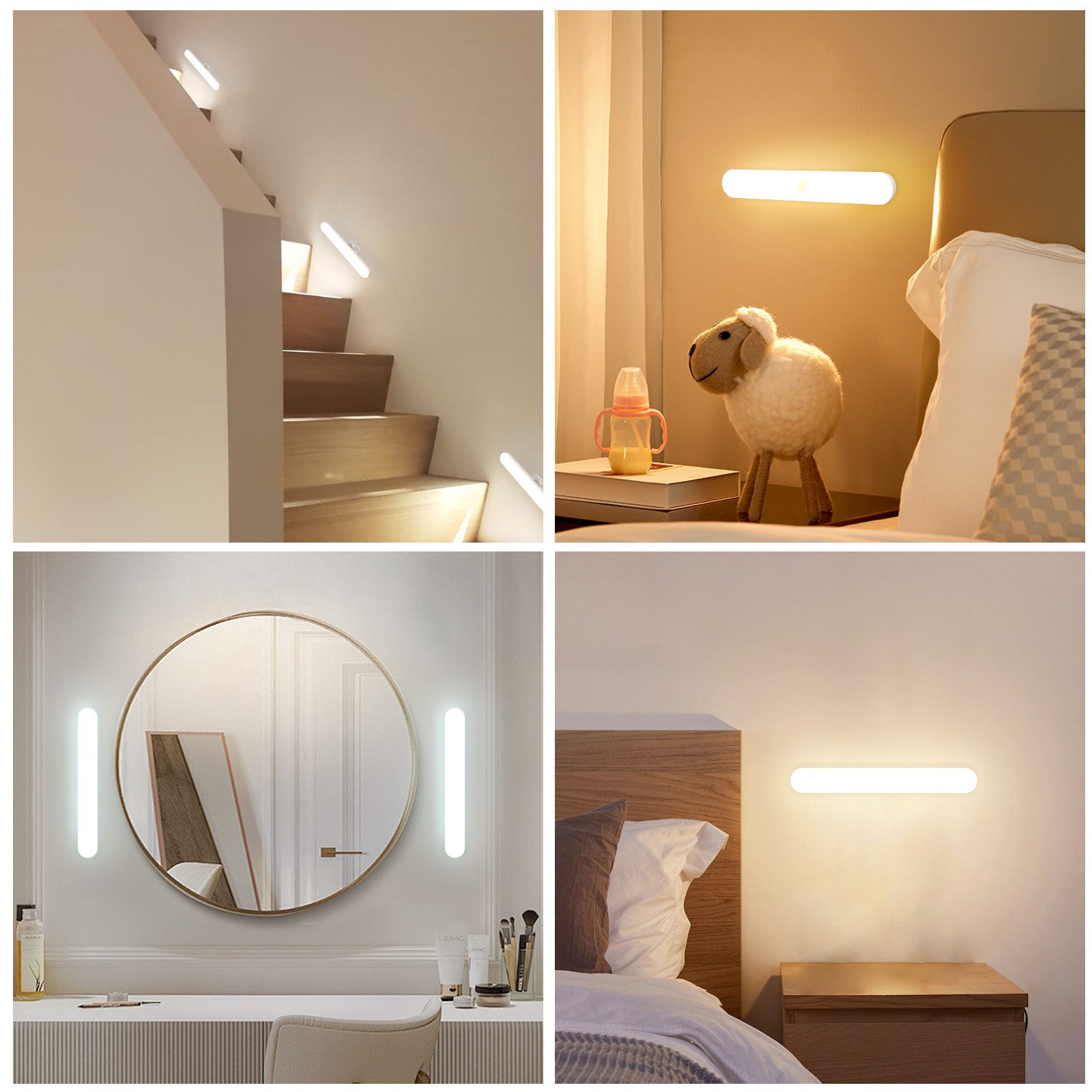 Quattro immagini di luci LED in diverse ambientazioni: scale, camera da letto, bagno e un'altra camera da letto.