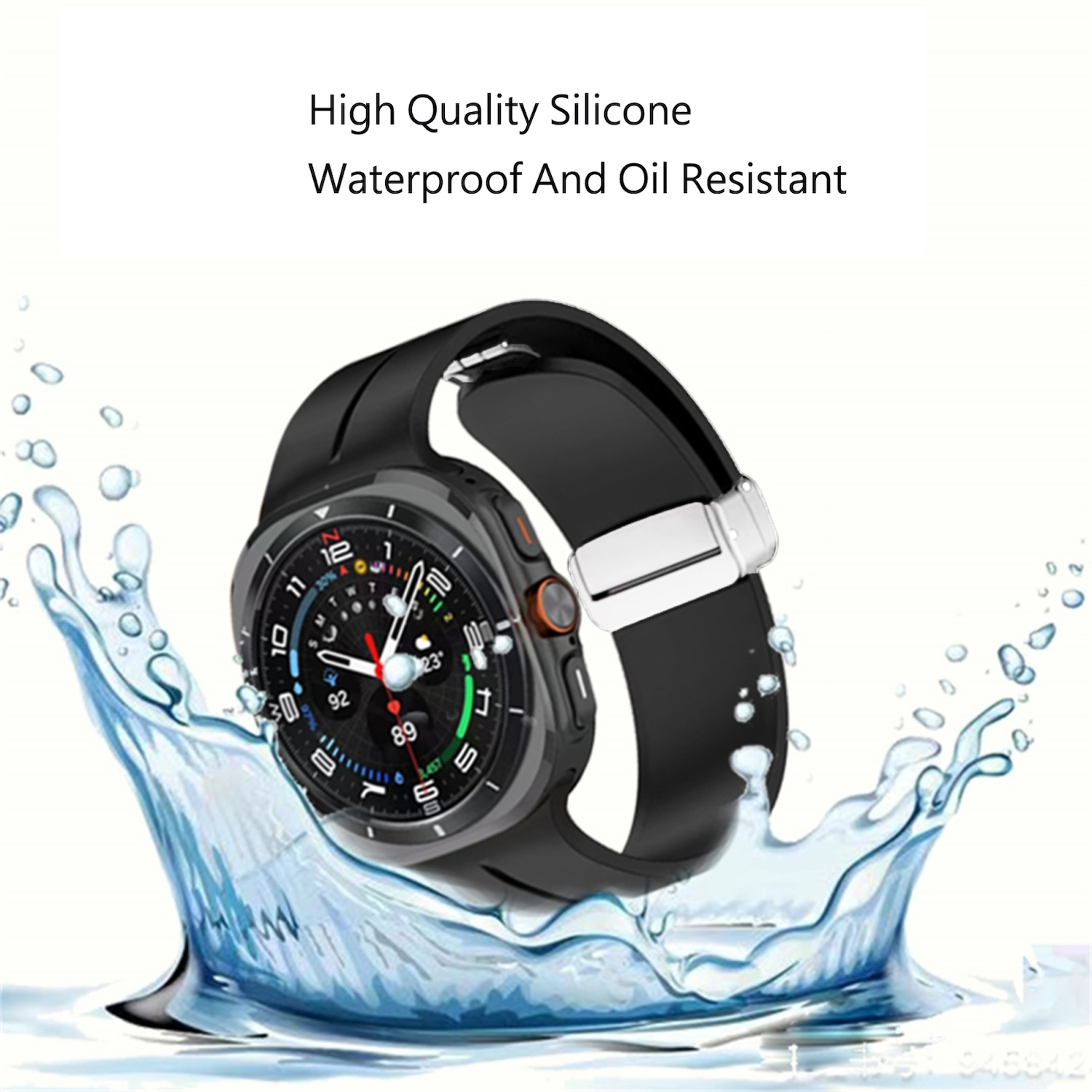 Schwarze Smartwatch mit schwarzem Armband im Wasserspritzer, Text: Hochwertiges Silikon, wasserdicht und ölbeständig.