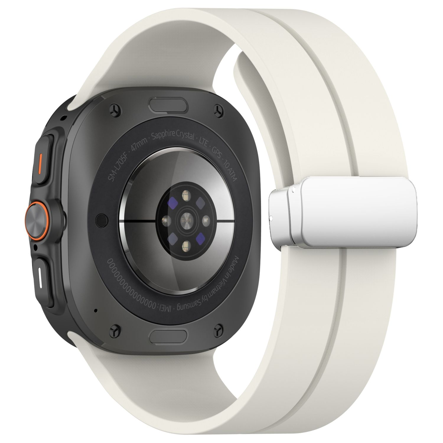 Schwarz-weiße Smartwatch, mit der Vorderseite nach oben. Zeigt die Rückseite der Uhr mit Sensoren und Bandanschluss.