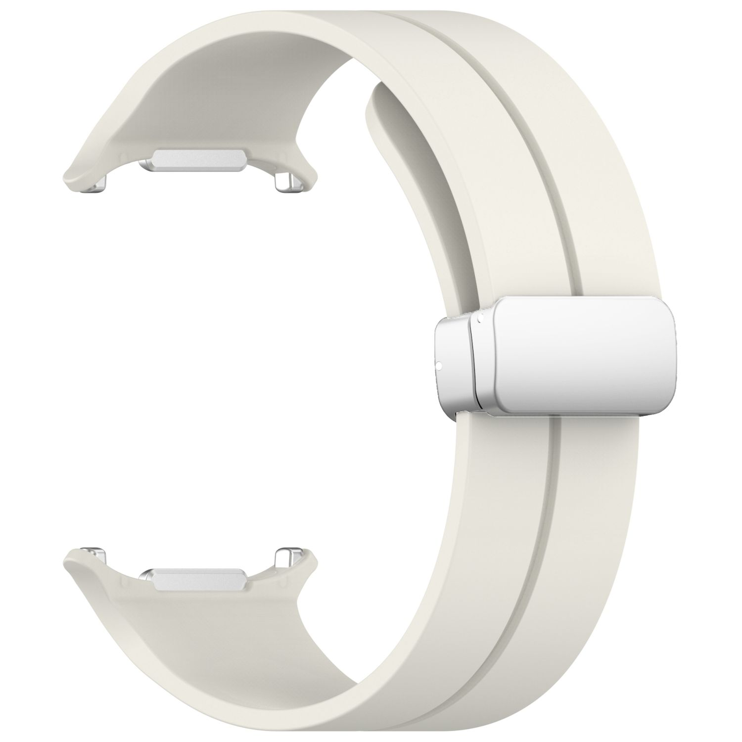 Weißes Uhrenarmband mit einem metallischen Verschluss.