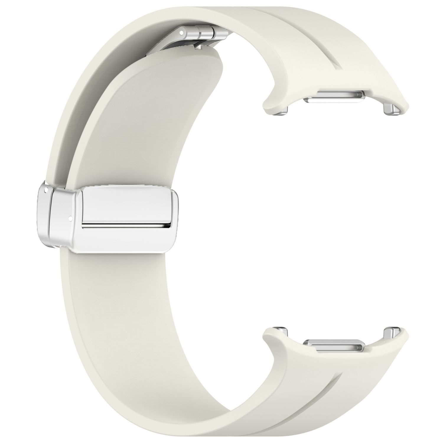 Ein weißes Uhrenarmband mit silbernem Verschluss. Das Band hat eine gebogene Form.